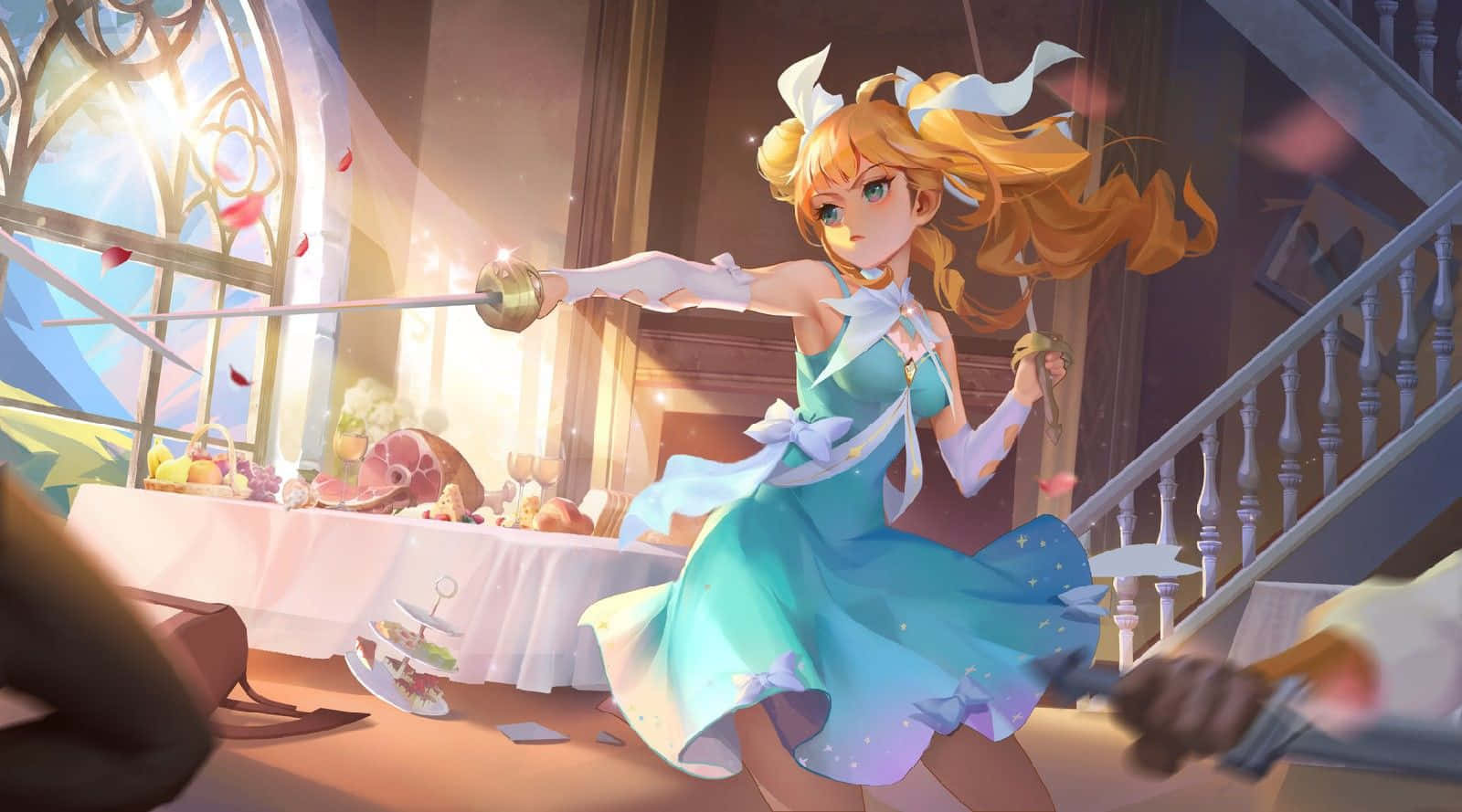 Elizabeth Midford, blue dress, sword, HD Desktop Wallpaper