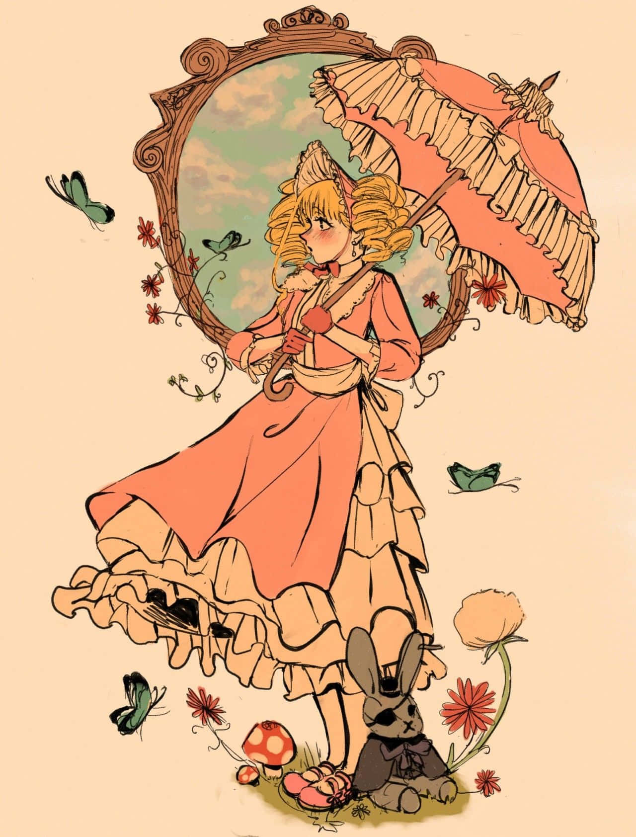 Elizabeth Midford, peach ruffled dress, matching parasol, HD Phone Wallpaper