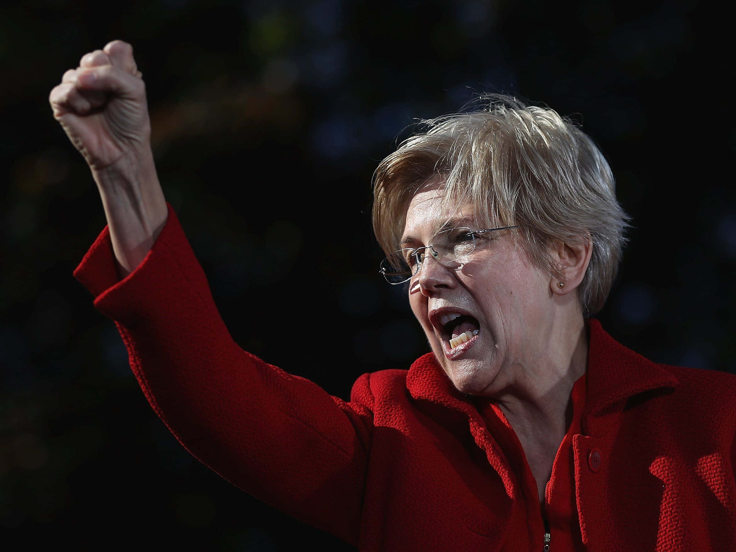 Elizabeth Warren, red coat, fist, Full HD Desktop Wallpaper