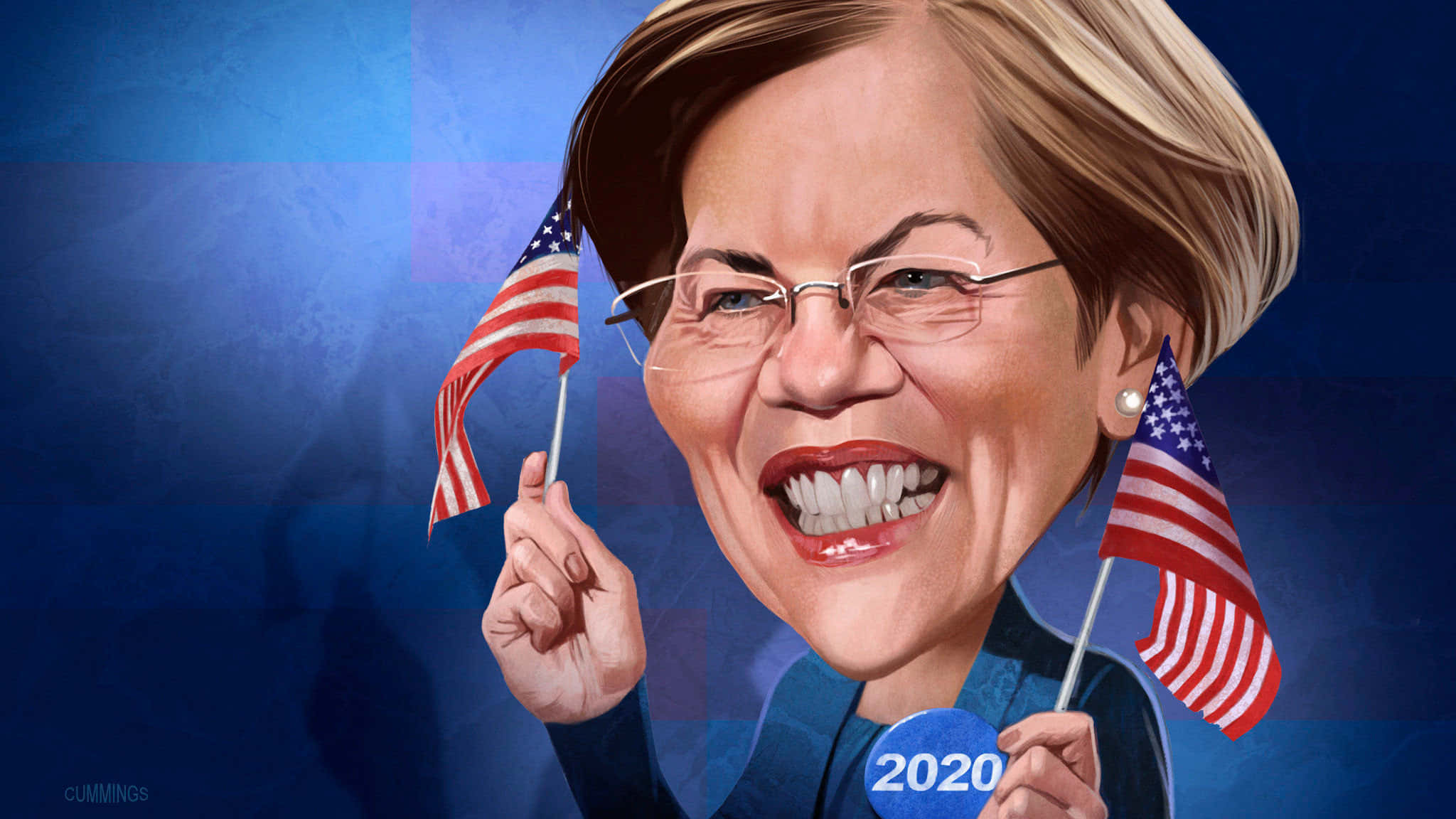 Elizabeth Warren, bobblehead, American flags, Full HD Desktop Wallpaper