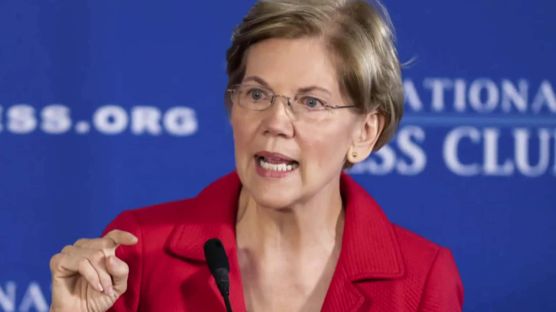 Elizabeth Warren, bold red blazer, blue backdrop, Full HD Desktop Wallpaper