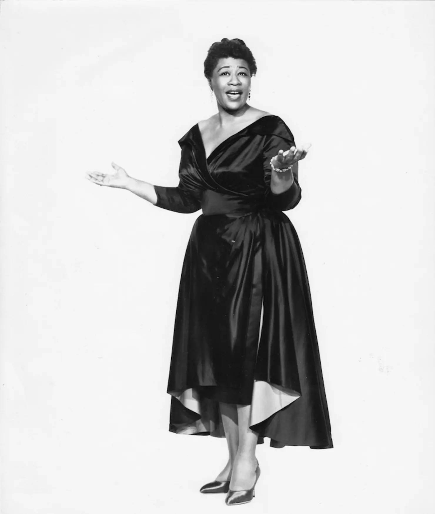 Ella Fitzgerald, black satin dress, plain white background, HD Phone Wallpaper