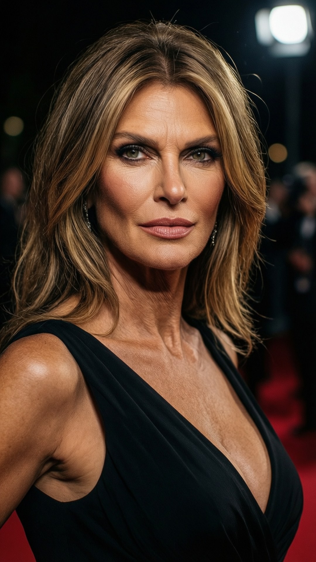 Elle Macpherson, black gown, red carpet, Full HD Phone Wallpaper