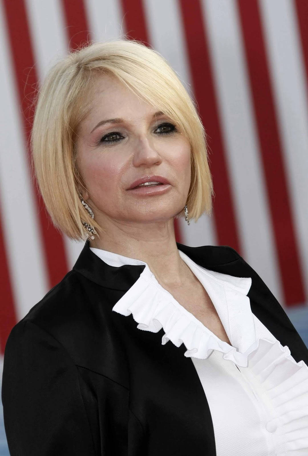 Ellen Barkin, blonde bob hair, elegant black and white attire, HD Phone Wallpaper