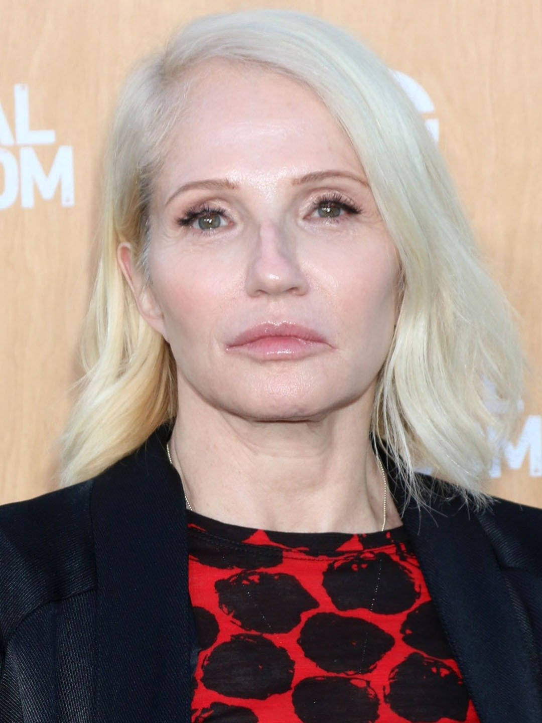 Ellen Barkin, platinum blonde hair, red and black patterned top, HD Phone Wallpaper
