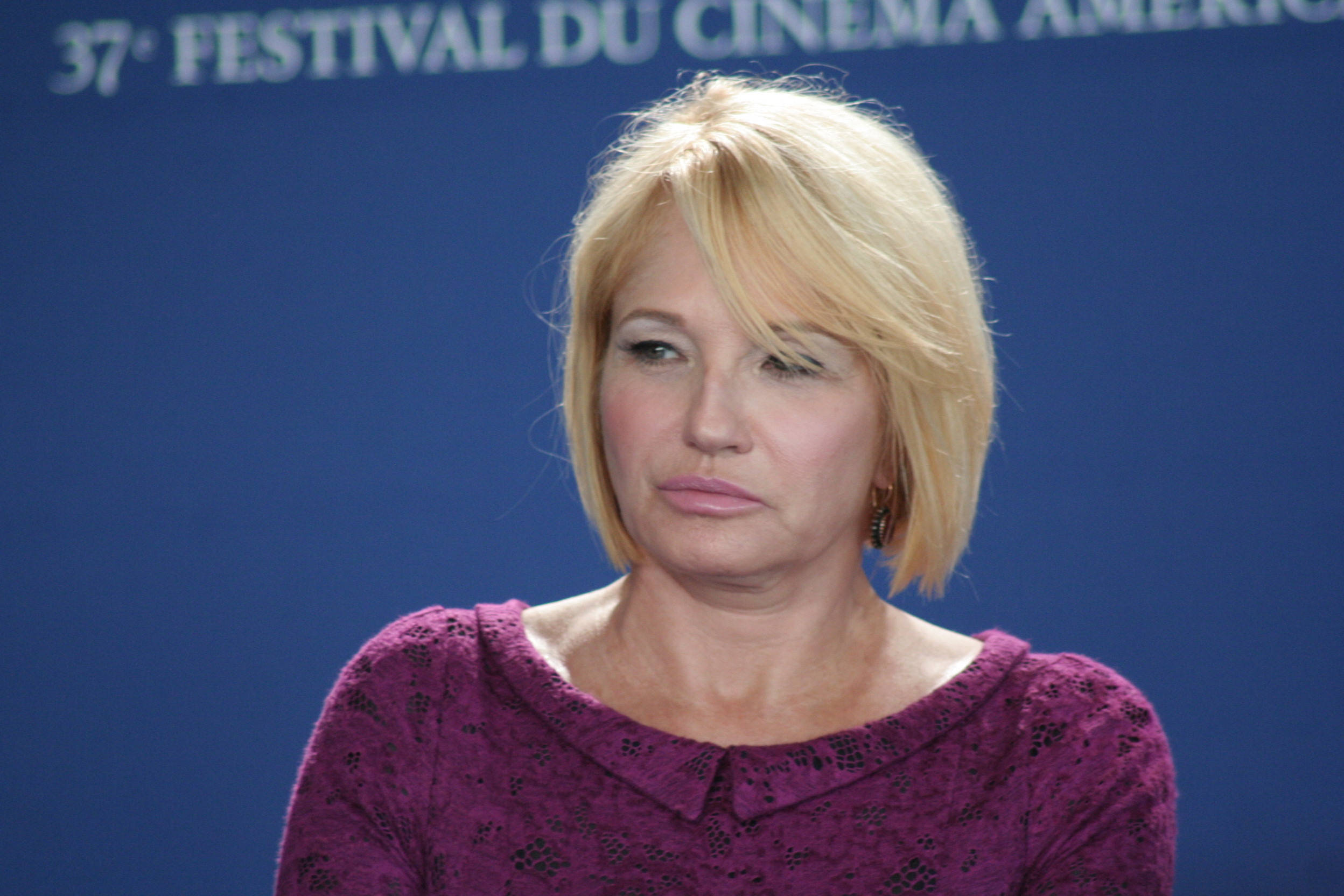 Ellen Barkin, blonde bob hair, purple lace top, Full HD Desktop Wallpaper