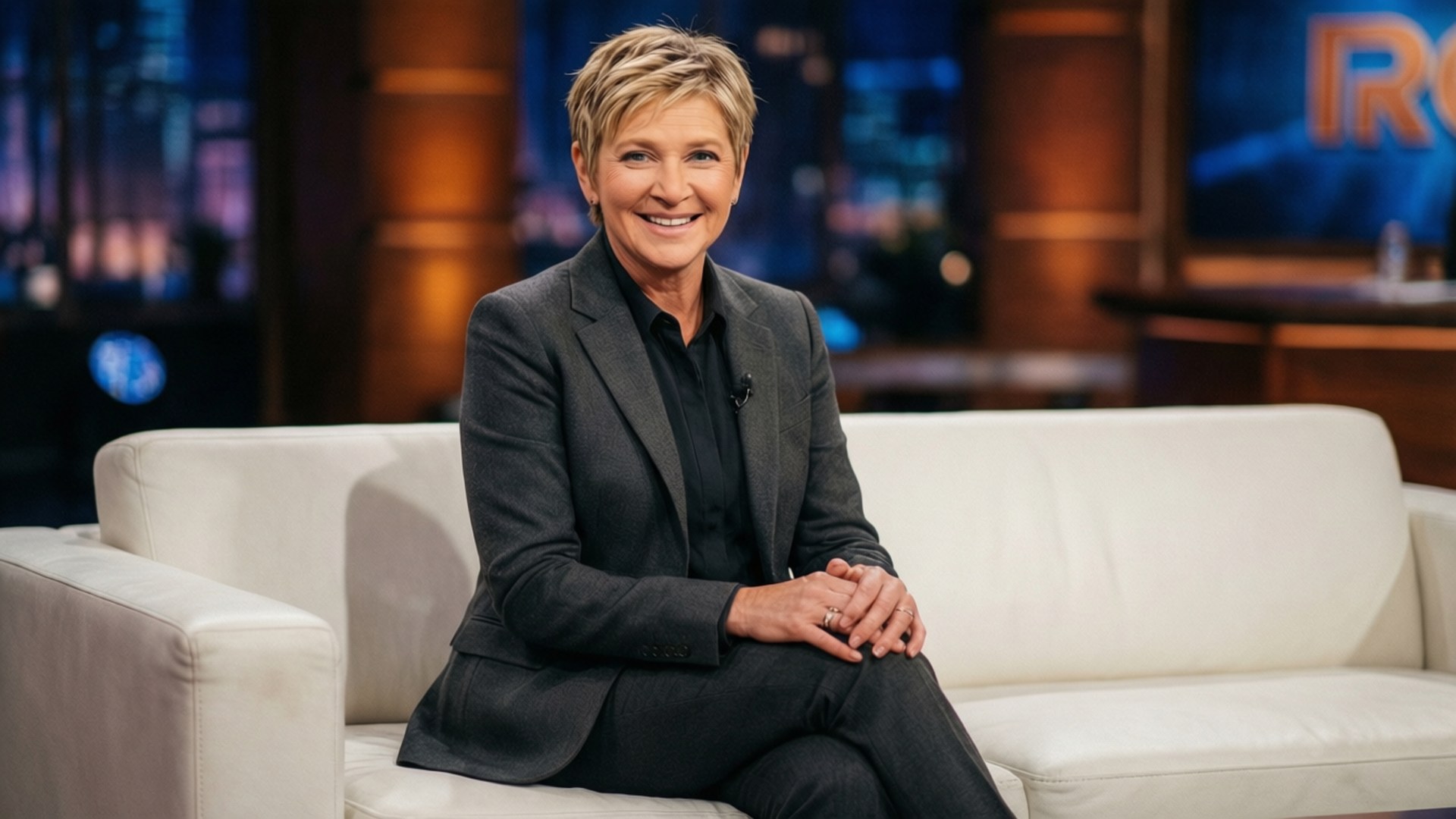 Ellen DeGeneres, charcoal suit, white couch, Full HD Desktop Wallpaper