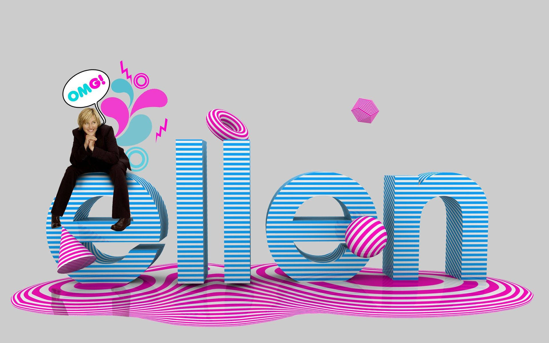 Ellen Degeneres, striped letters, pink swirls, Full HD Desktop Wallpaper