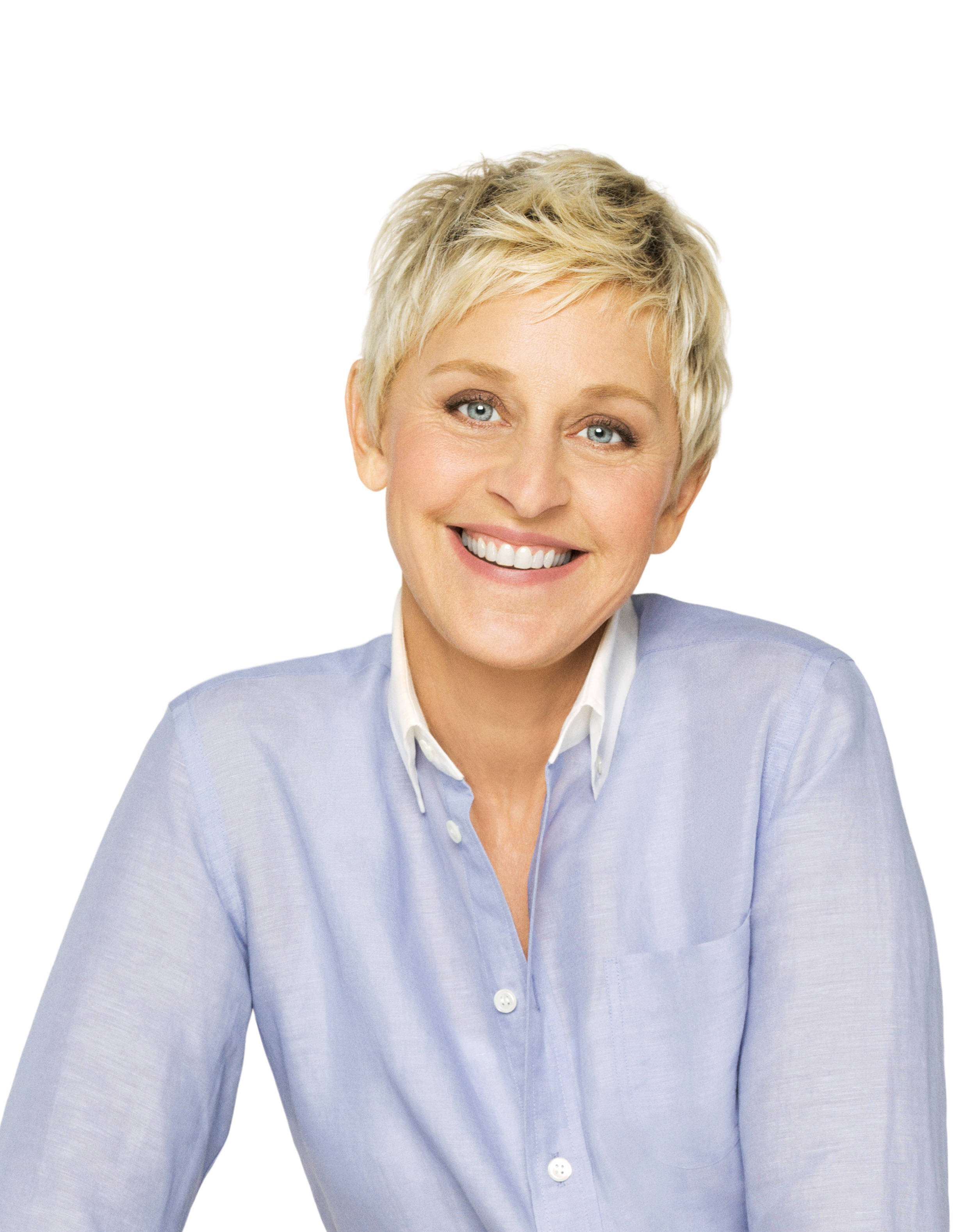 Ellen Degeneres, light blue button-up shirt, plain white background, 2K Phone Wallpaper