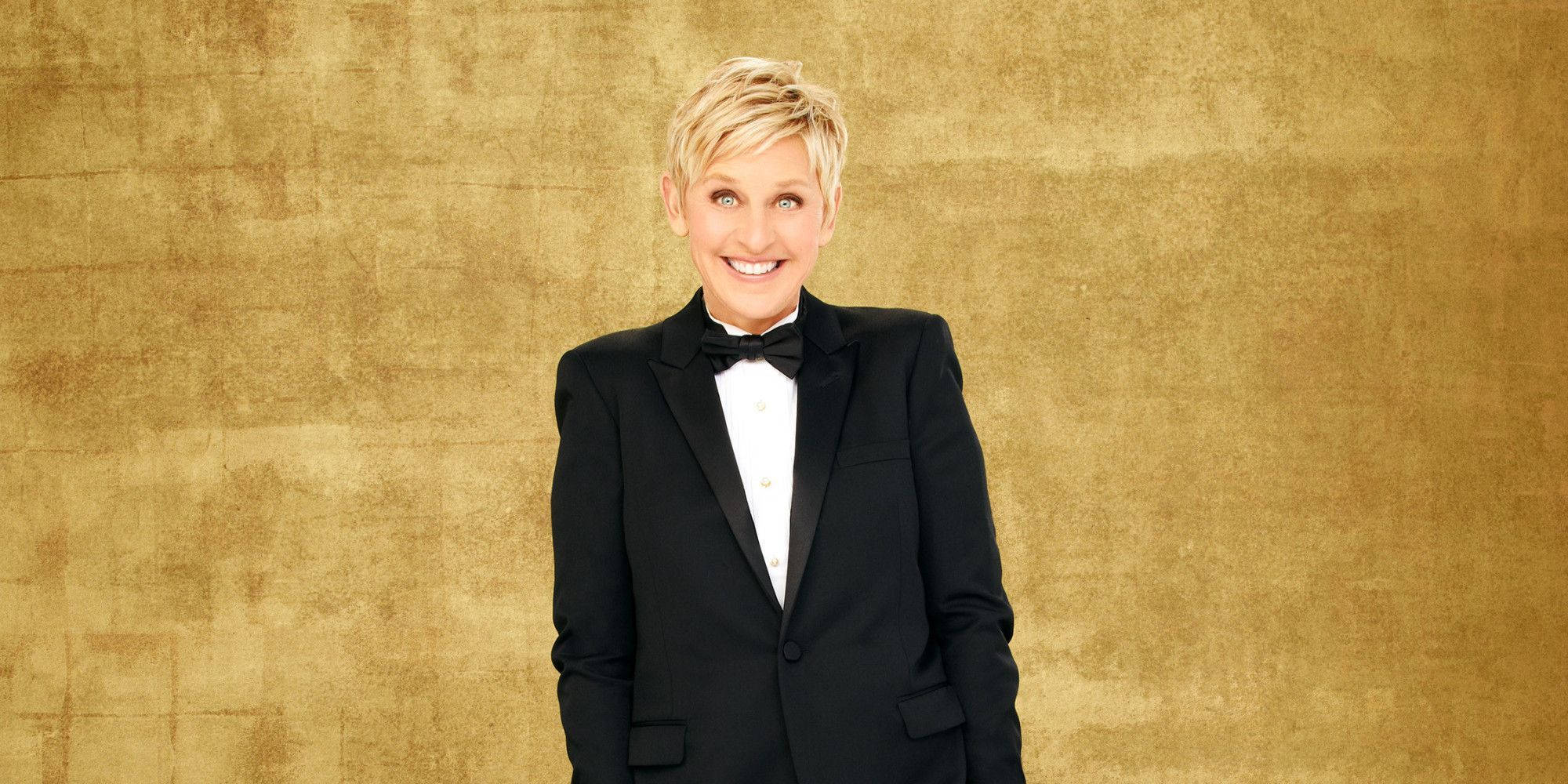 Ellen Degeneres, black tuxedo, textured gold backdrop, Full HD Desktop Wallpaper