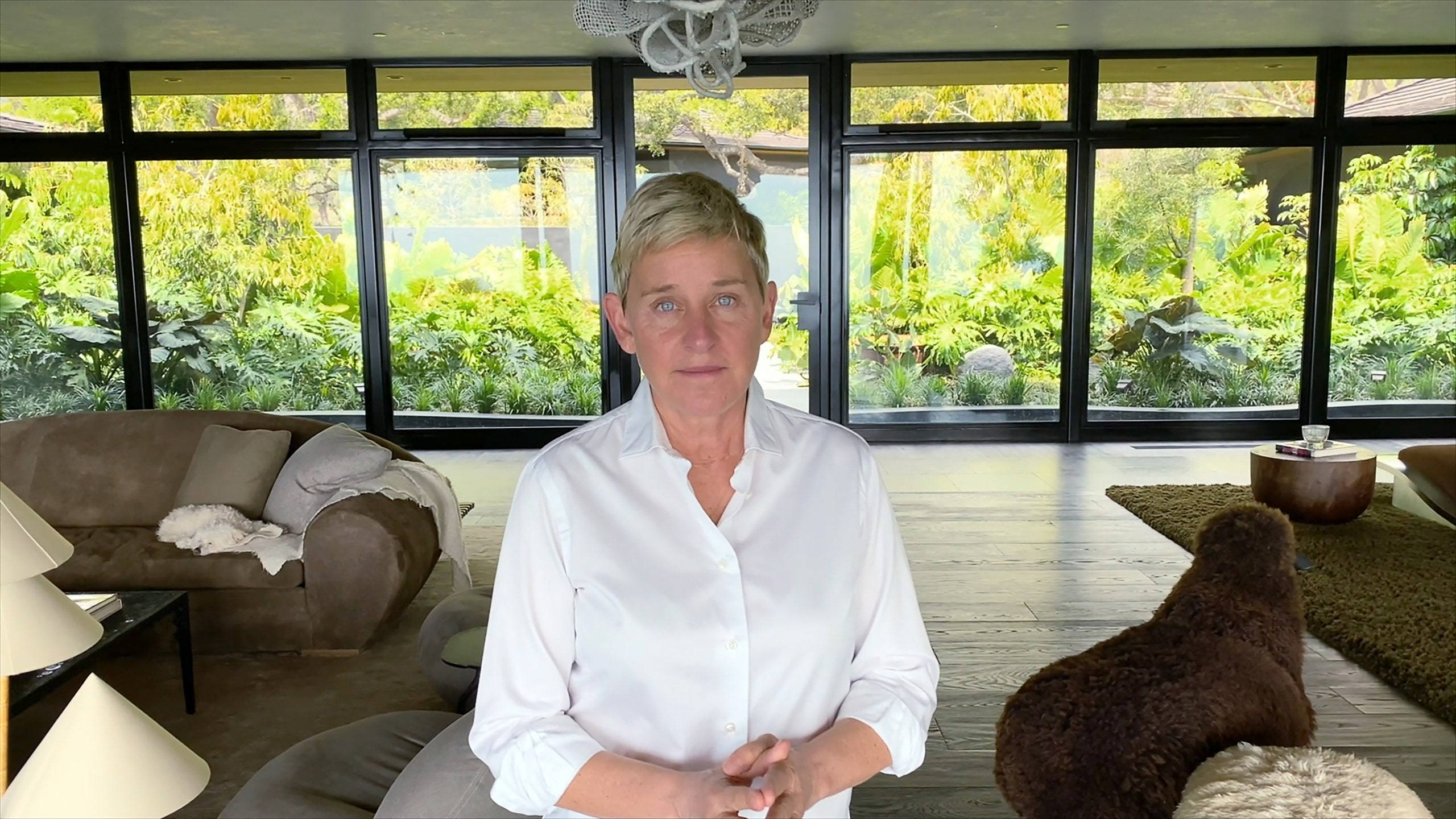 Ellen Degeneres, living room, floor-to-ceiling windows, 2K Desktop Wallpaper