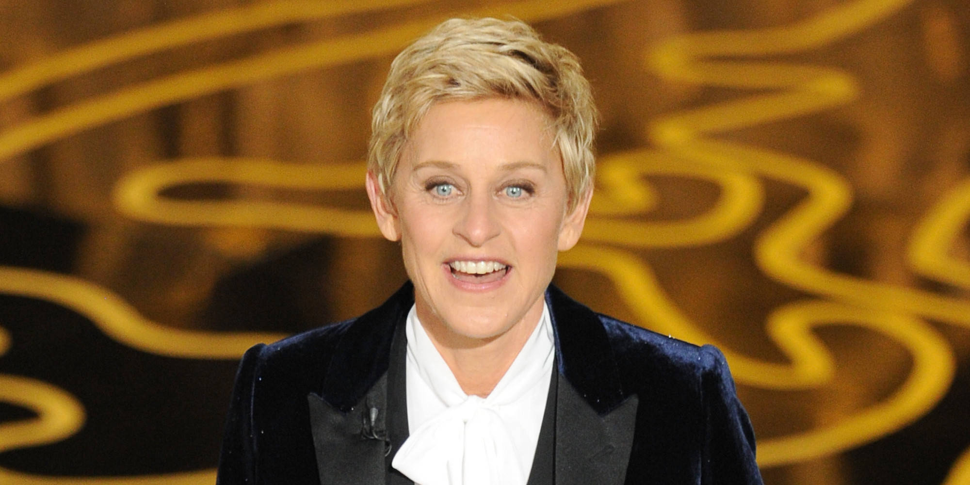 Ellen Degeneres, velvet tuxedo, golden swirling backdrop, Full HD Desktop Wallpaper