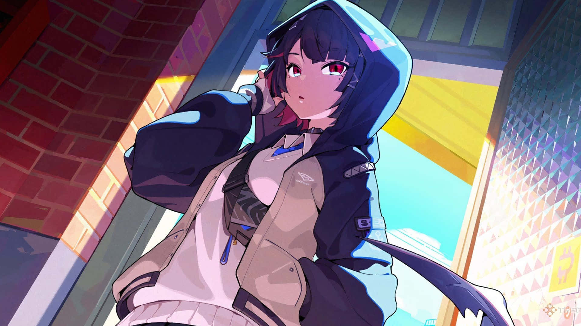 Ellen Joe, urban style, red eyes, Full HD Desktop Wallpaper