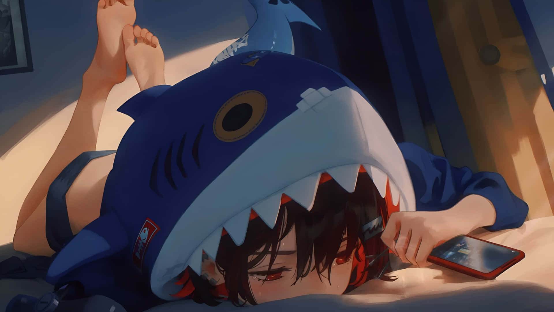 Ellen Joe, blue shark hood, red phone, Full HD Desktop Wallpaper