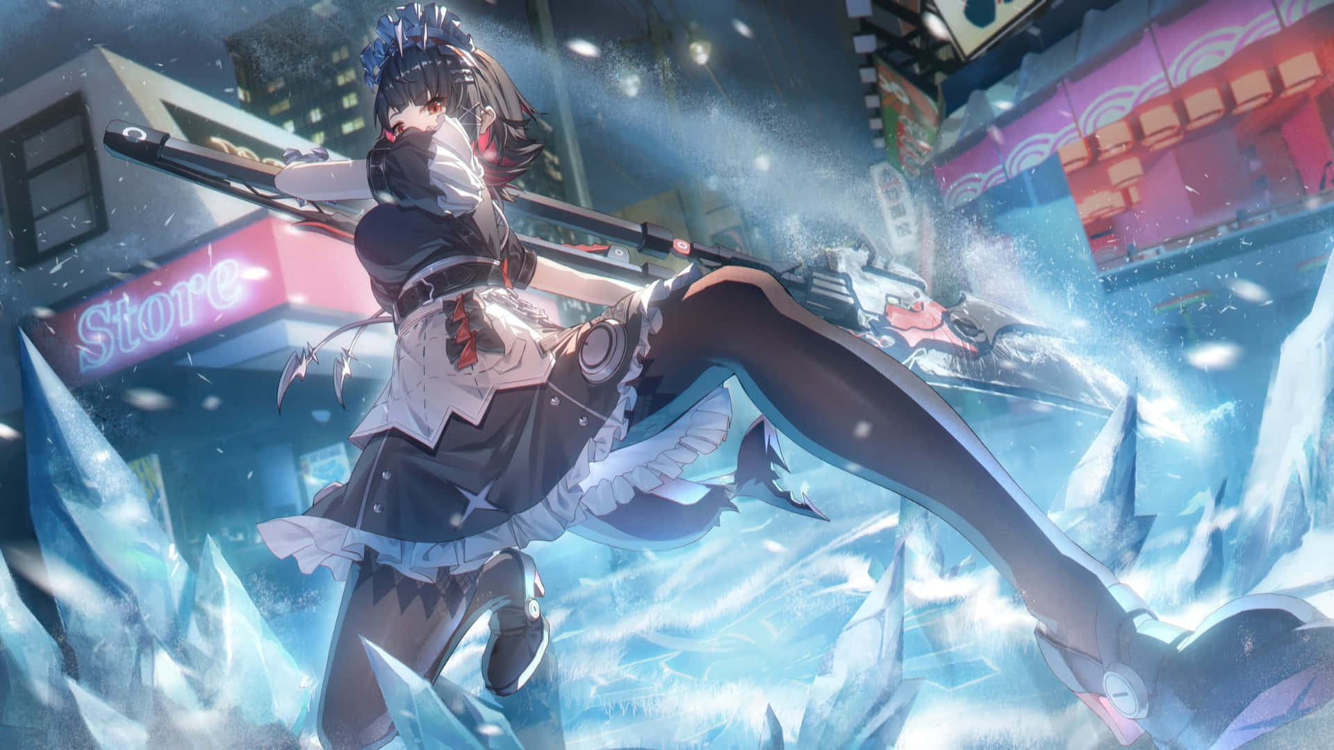 Ellen Joe, ice battle scene, maid outfit, Full HD Desktop Wallpaper