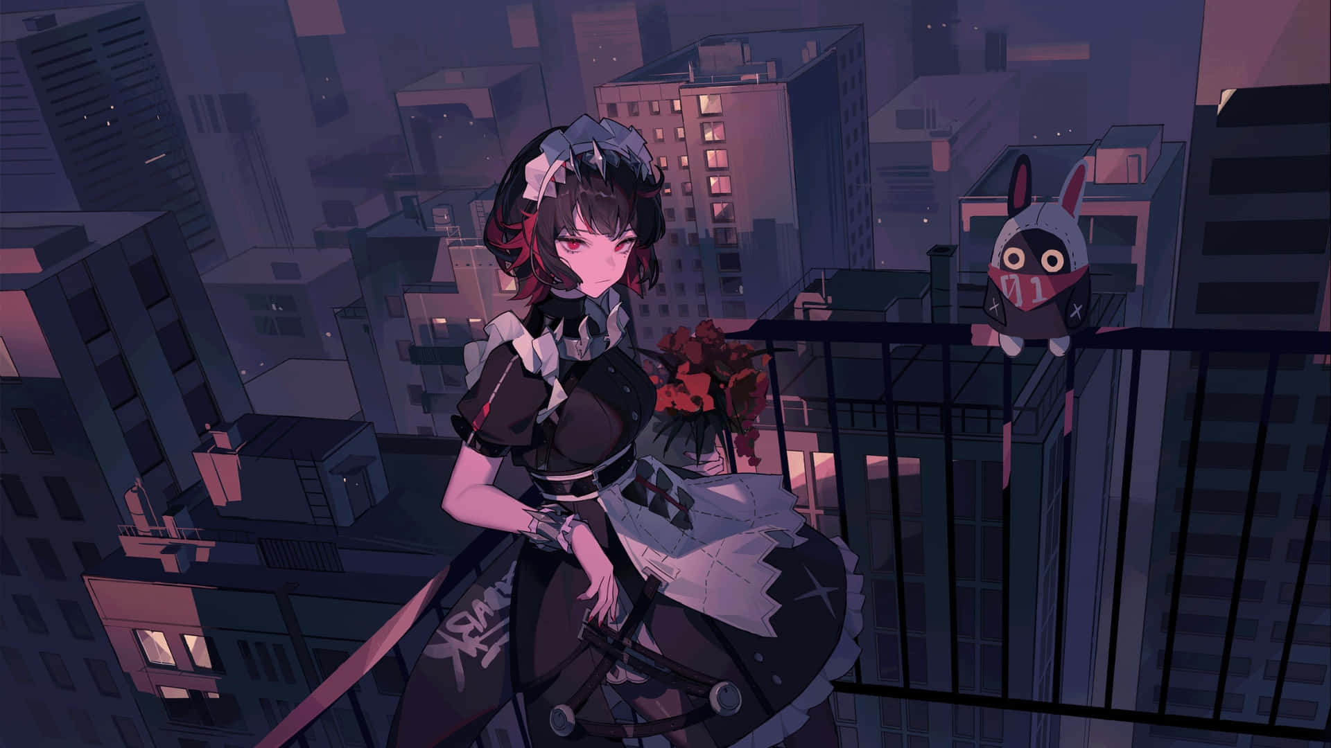 Ellen Joe, urban night scene, maid outfit, Full HD Desktop Wallpaper