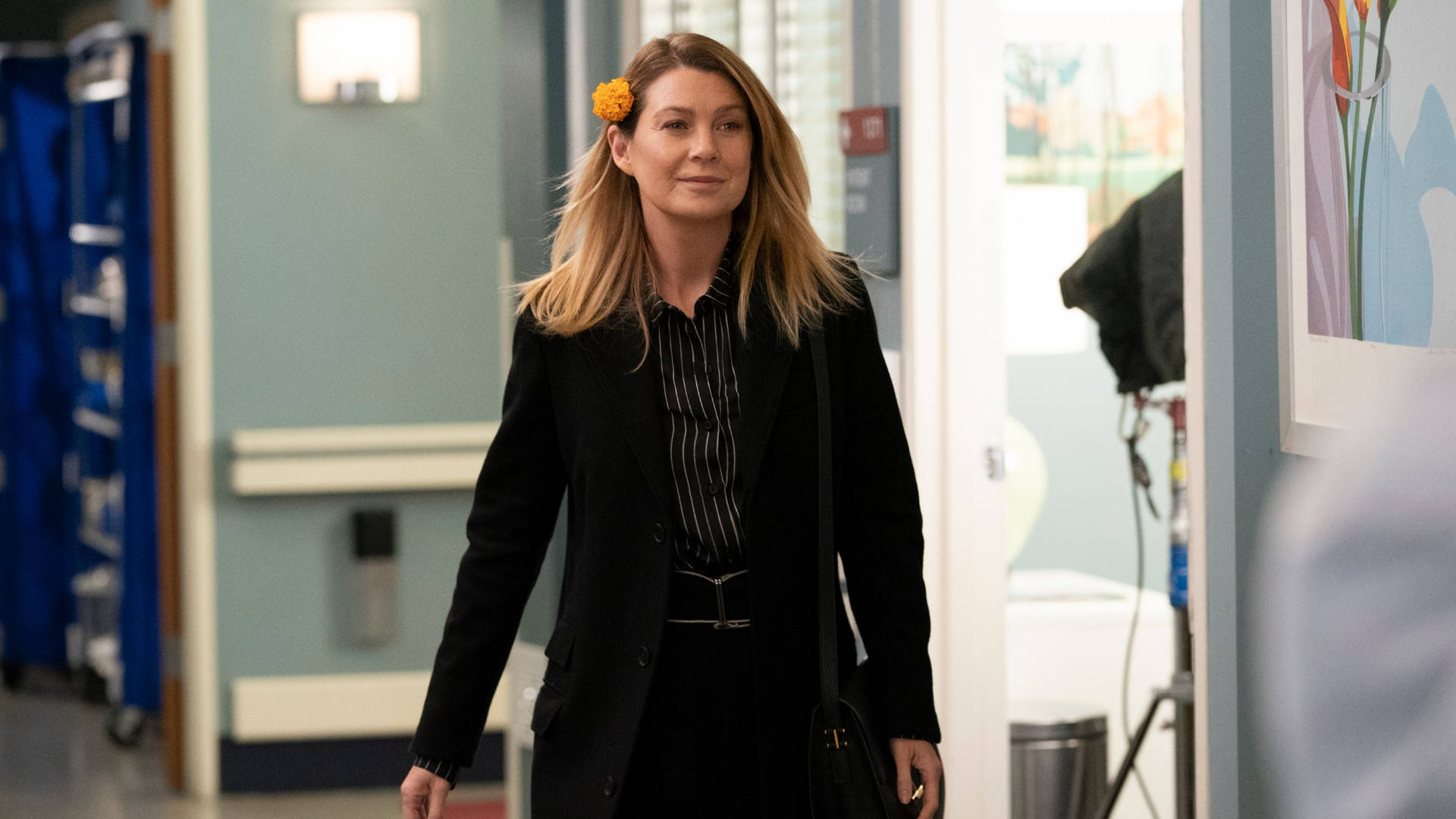 Ellen Pompeo, yellow flower, black blazer, Full HD Desktop Wallpaper
