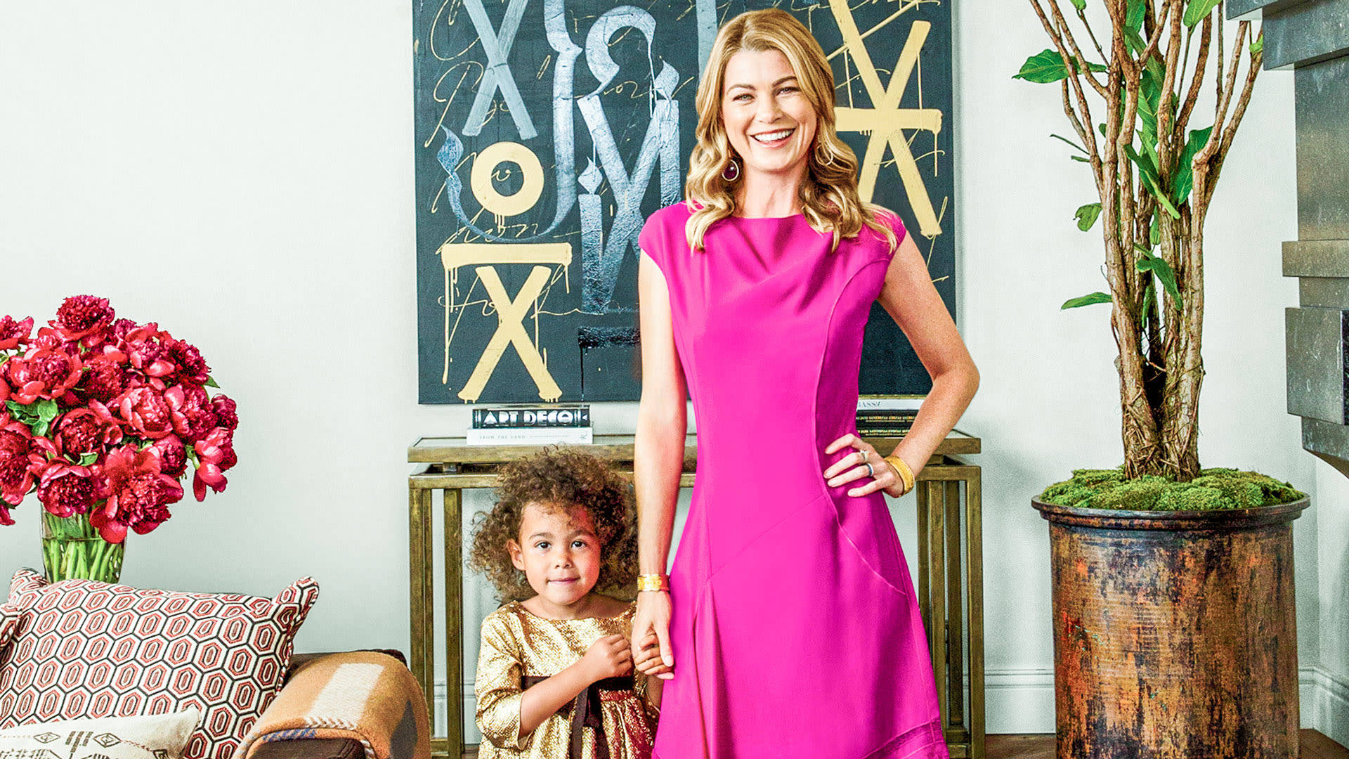 Ellen Pompeo, daughter, vibrant pink dress, Full HD Desktop Wallpaper