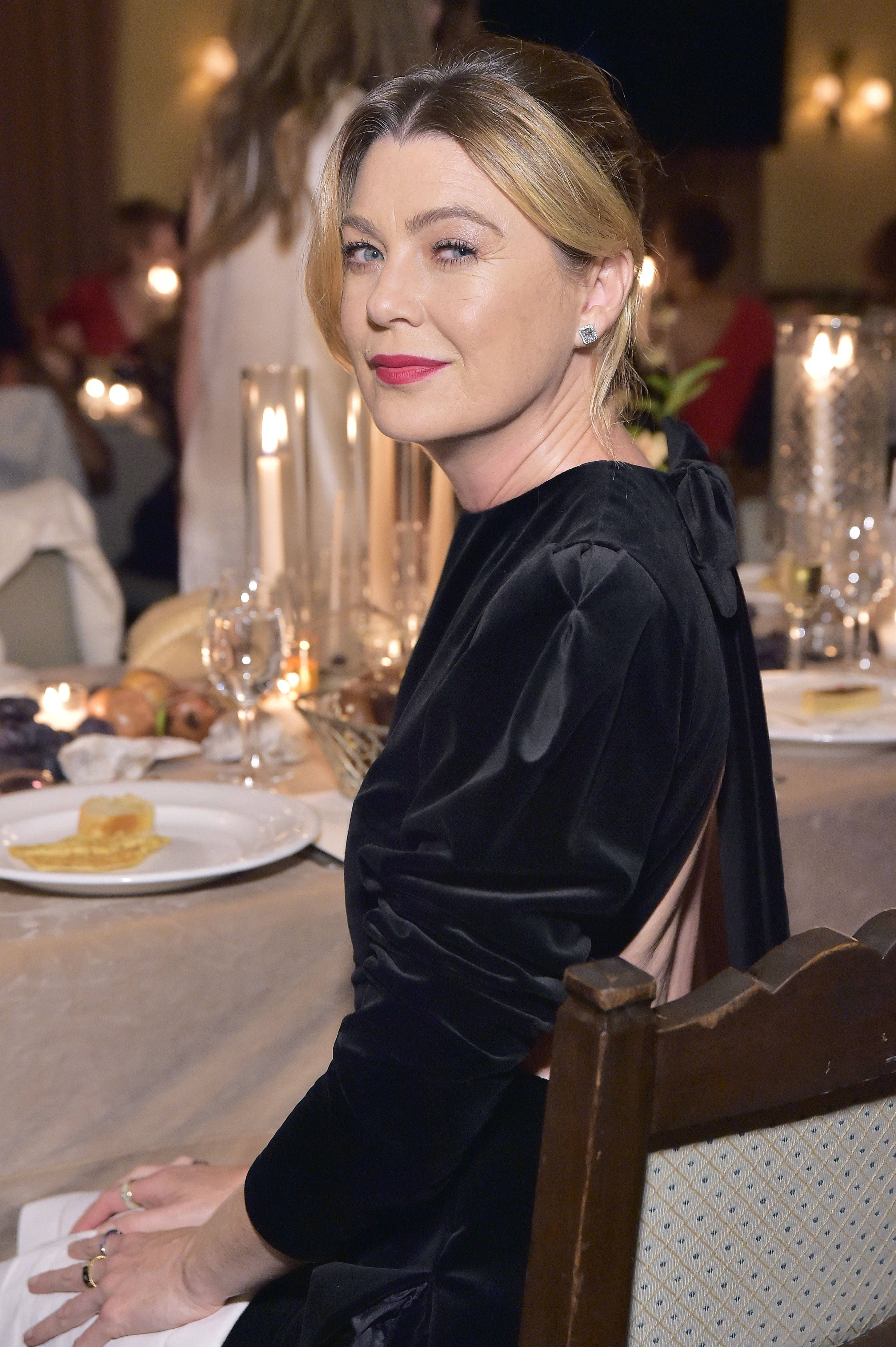 Ellen Pompeo, black velvet dress, candlelit dinner table, 4K Phone Wallpaper