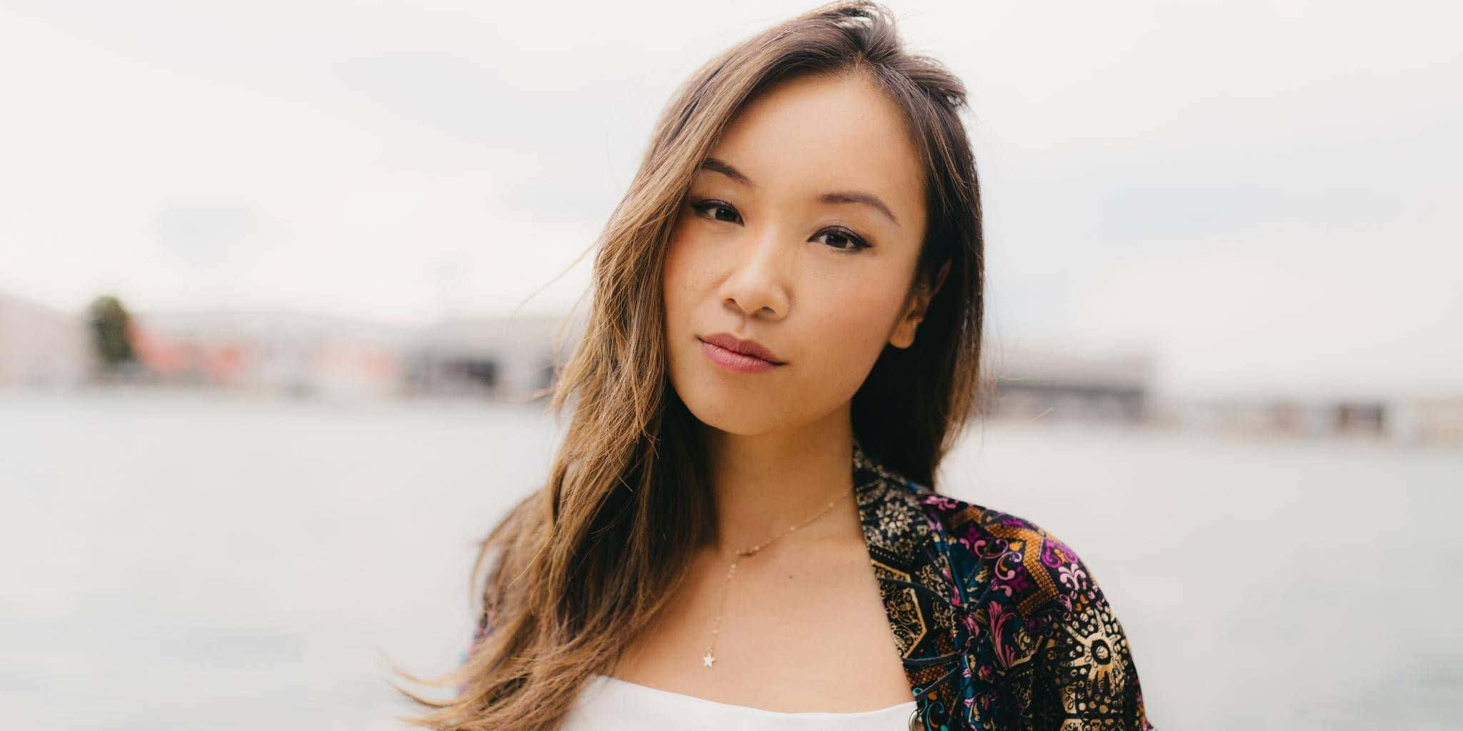Ellen Wong, waterfront, long brown hair, Full HD Desktop Wallpaper