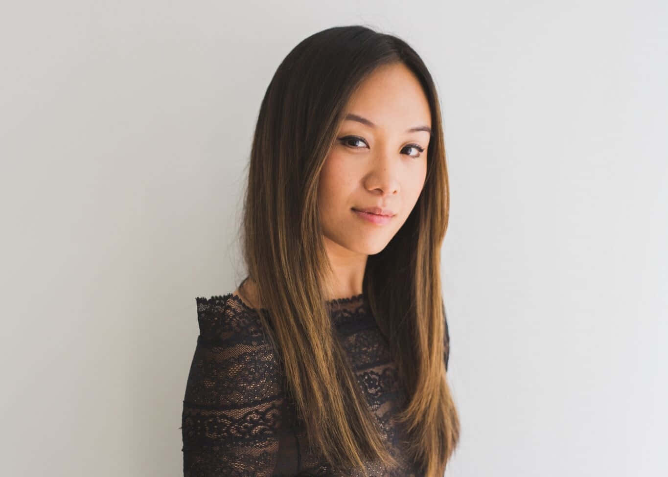 Ellen Wong, long dark hair, black lace top, HD Desktop Wallpaper