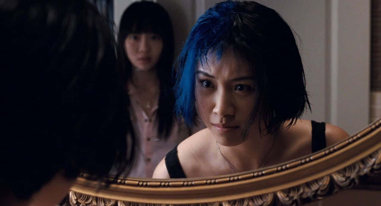 Ellen Wong, vibrant blue hair, ornate gold-framed mirror, HD Desktop Wallpaper