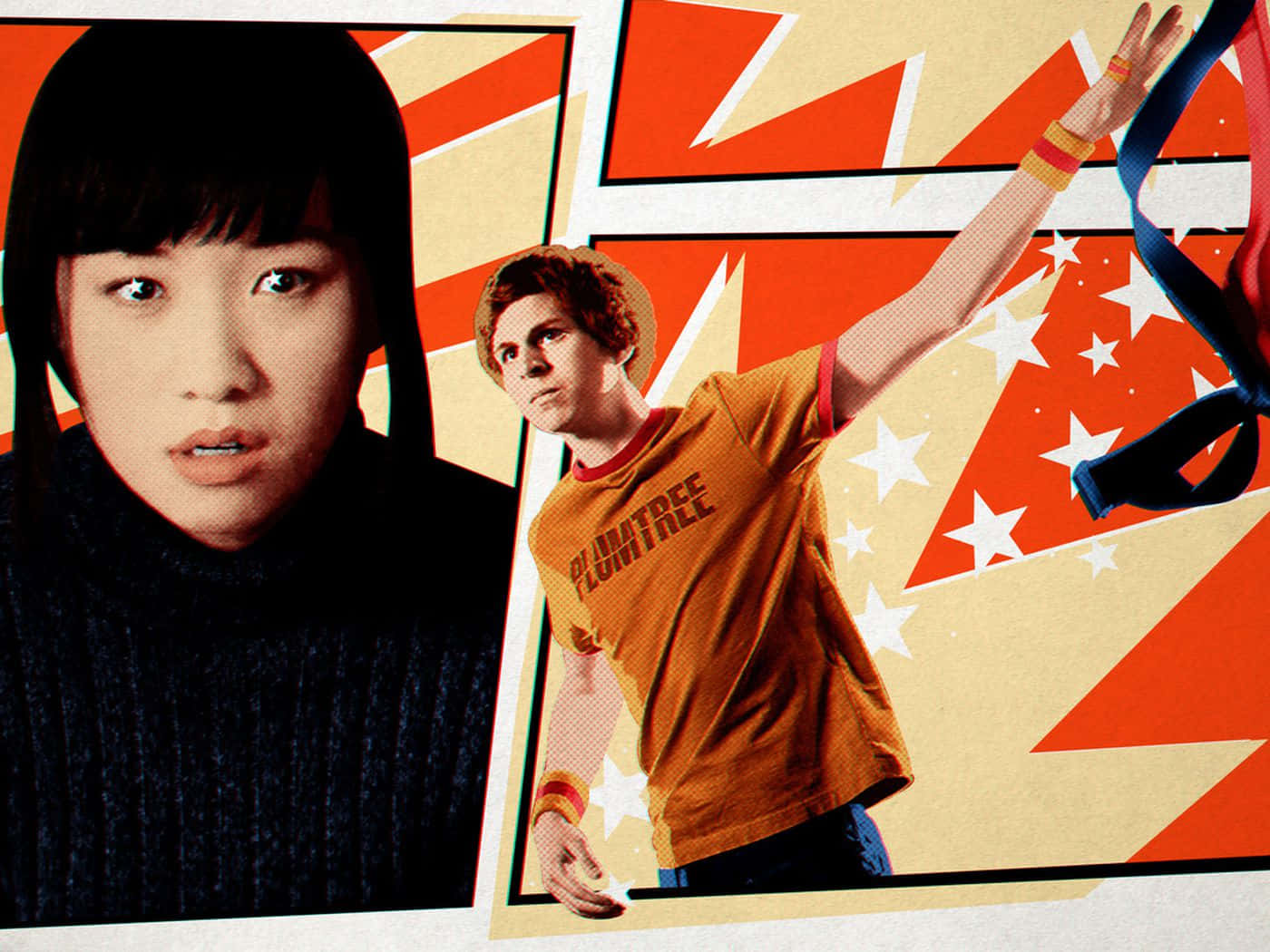 Ellen Wong, stylized comic book collage, bold red and cream background, HD Desktop Wallpaper