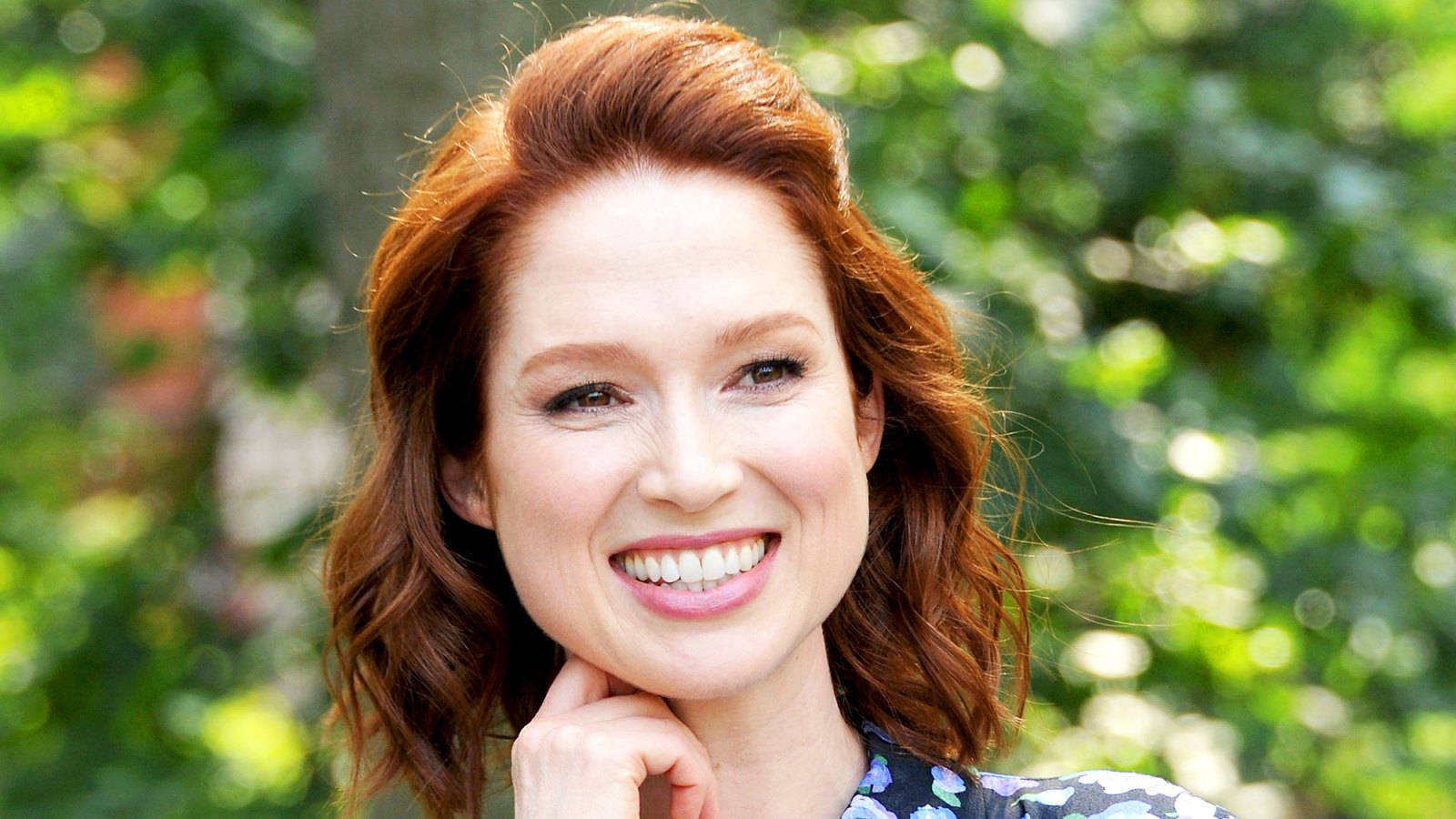 Ellie Kemper, red hair, soft green foliage background, HD Desktop Wallpaper
