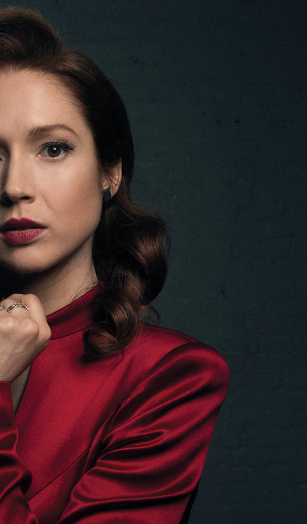 Ellie Kemper, red satin blouse, dark textured wall, SD Phone Wallpaper