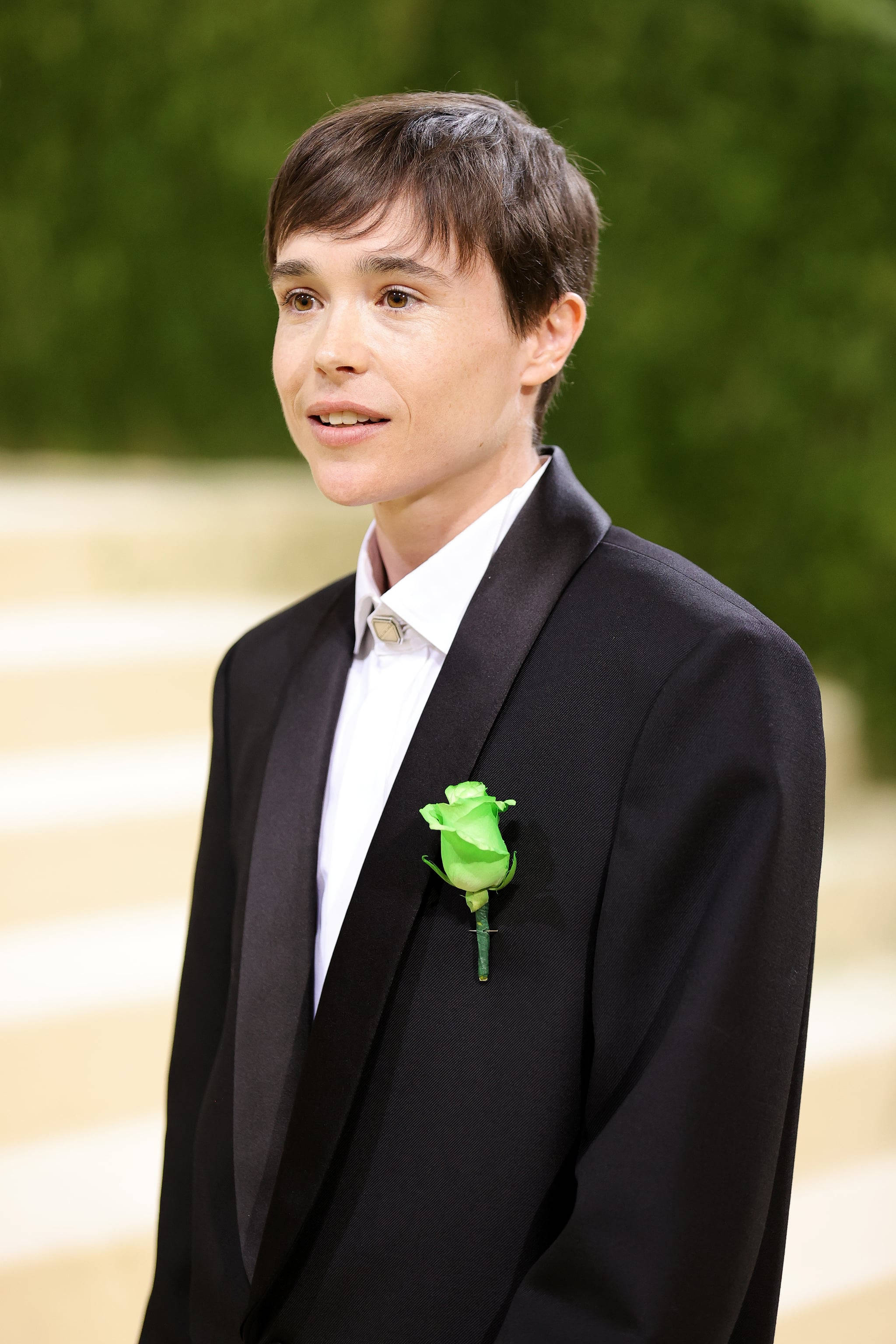 Elliot Page, green rose, black tuxedo, 2K Phone Wallpaper