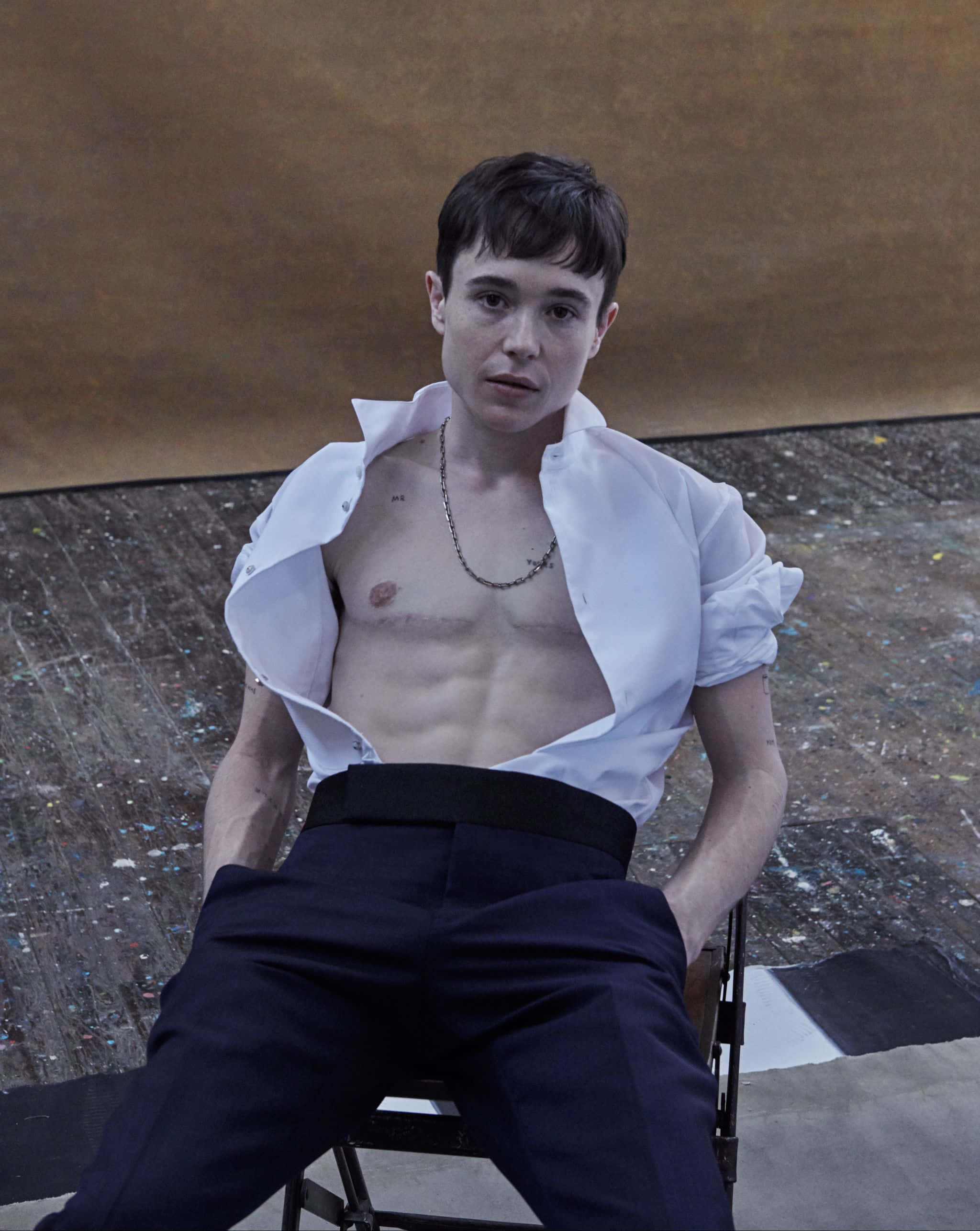 Elliot Page, short dark hair, unbuttoned white shirt, 2K Phone Wallpaper