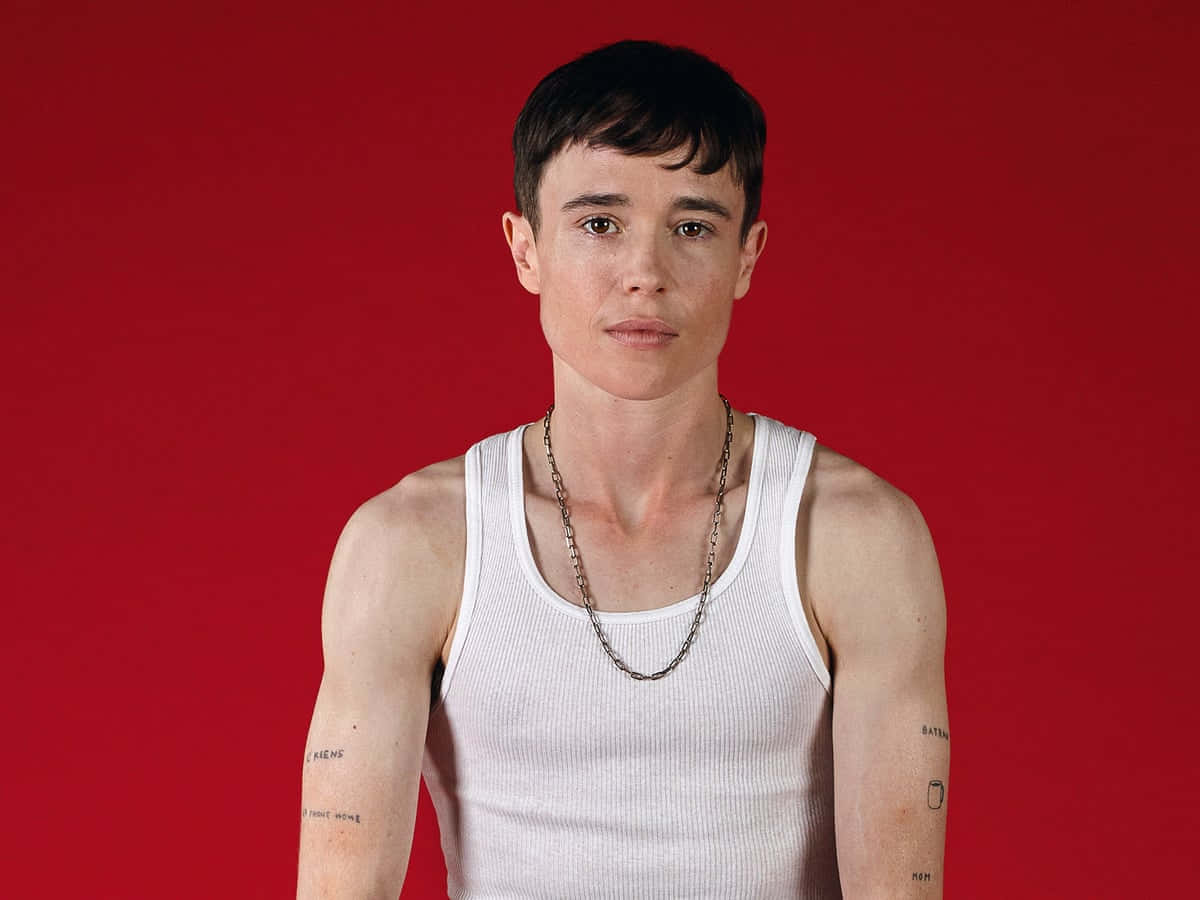 Elliot Page, white tank top, red background, SD Desktop Wallpaper