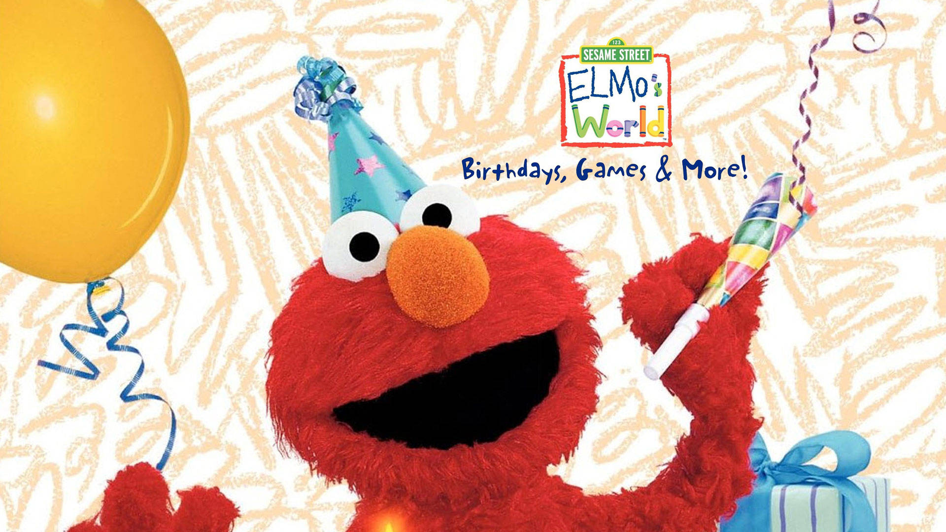 Elmo, blue party hat, colorful party horn, Full HD Desktop Wallpaper