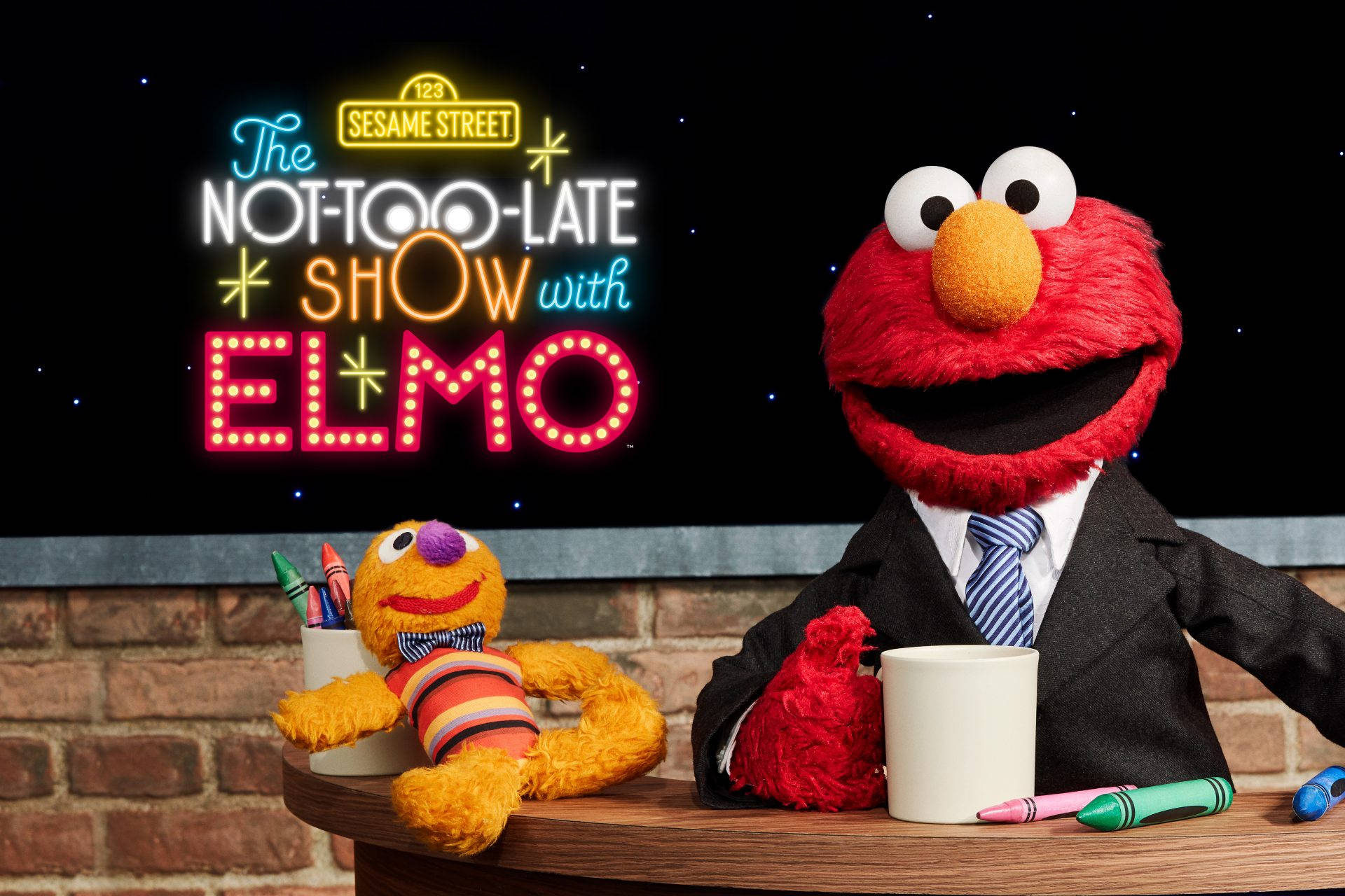 Elmo, neon sign, yellow puppet guest, Full HD Desktop Wallpaper