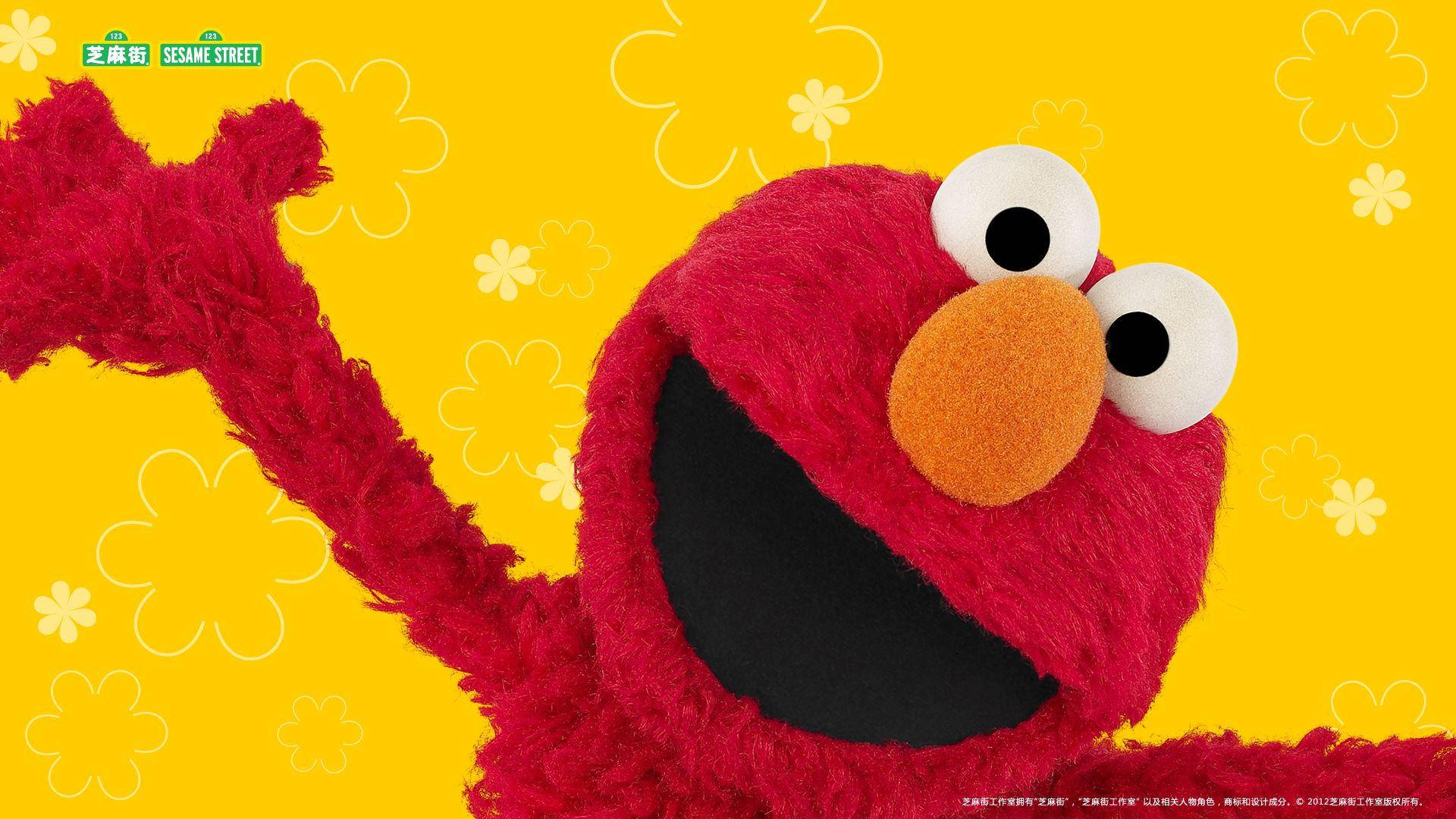 Elmo, red furry monster, bright yellow background, Full HD Desktop Wallpaper