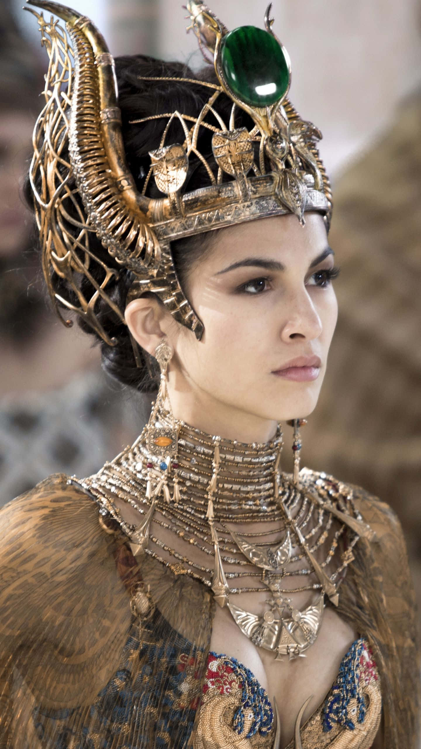 Elodie Yung, golden headdress, jewelry, 2K Phone Wallpaper