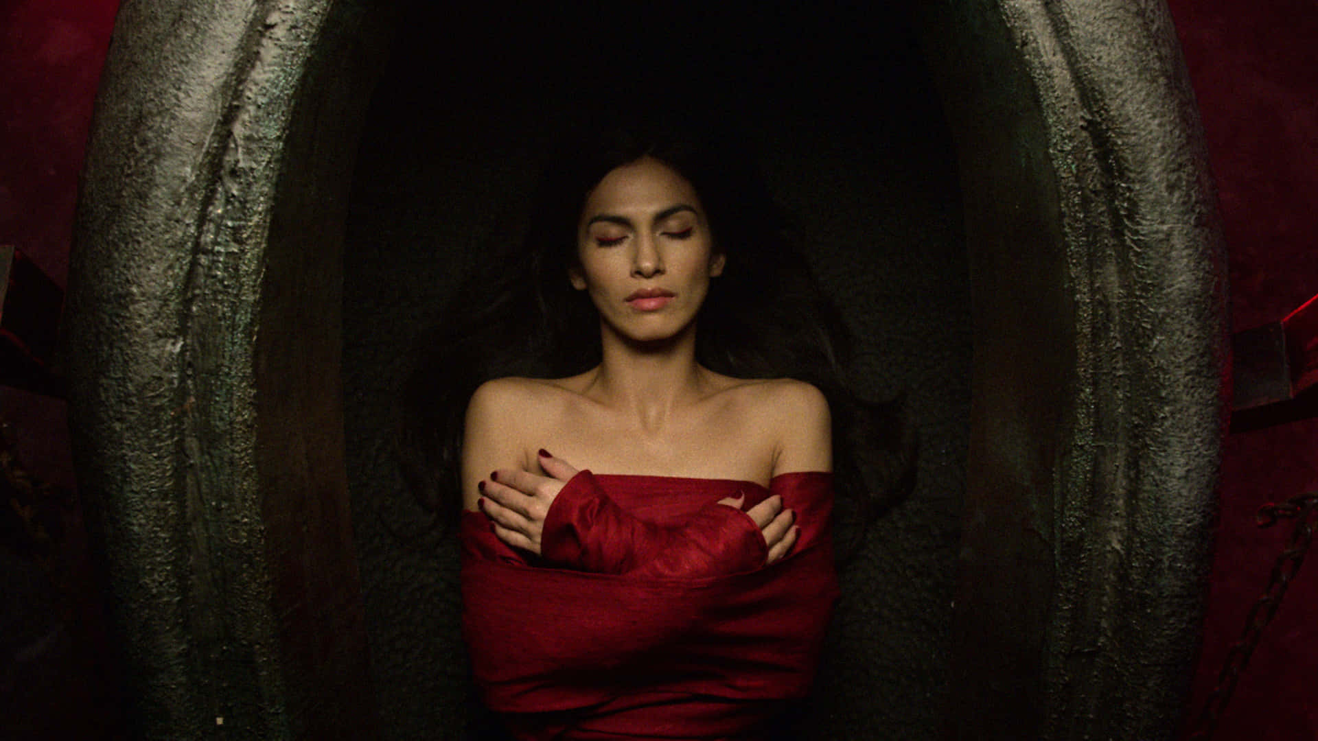 Elodie Yung, red dress, dark stone archway, Full HD Desktop Wallpaper