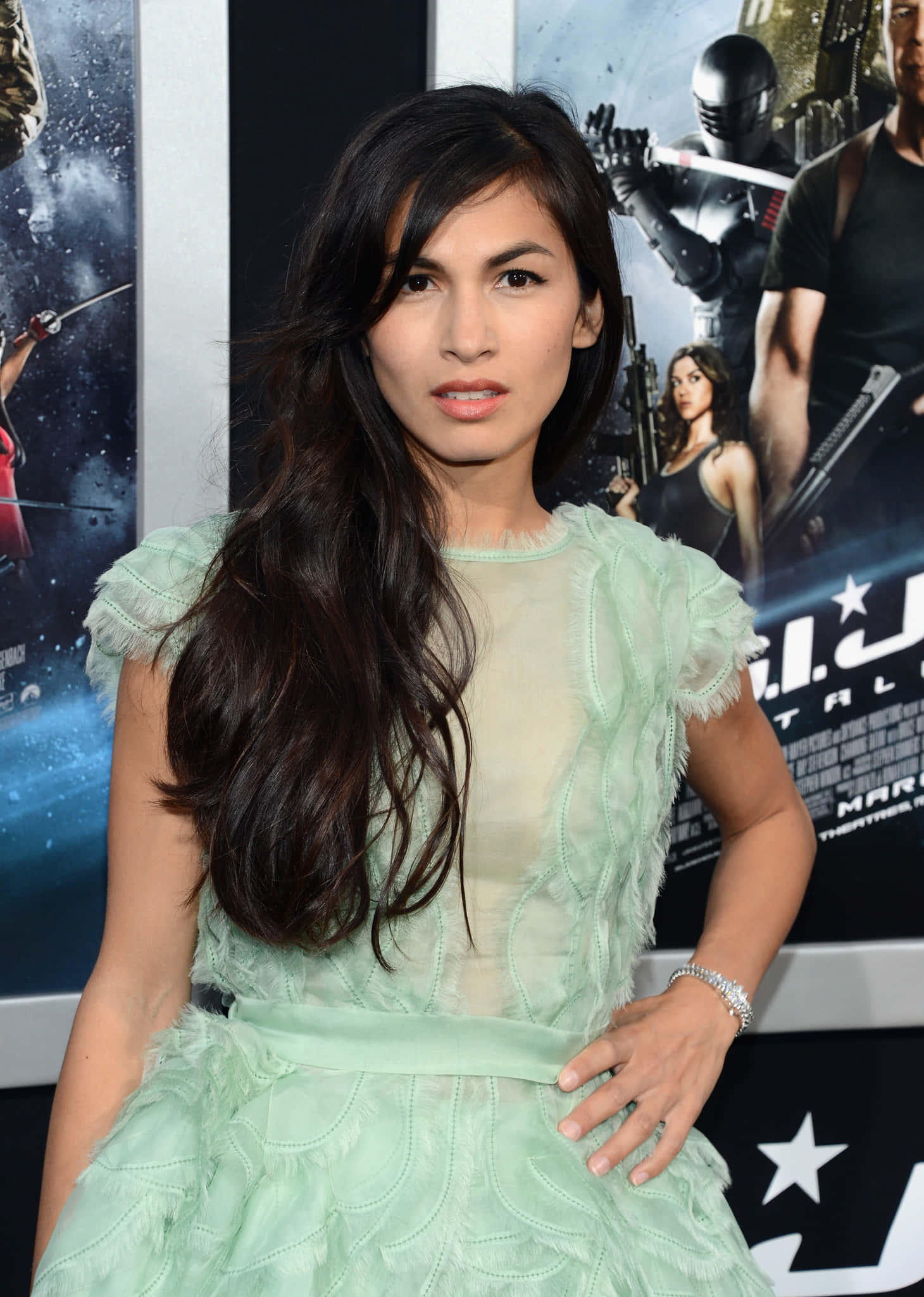 Elodie Yung, mint green textured dress, movie premiere, Full HD Phone Wallpaper