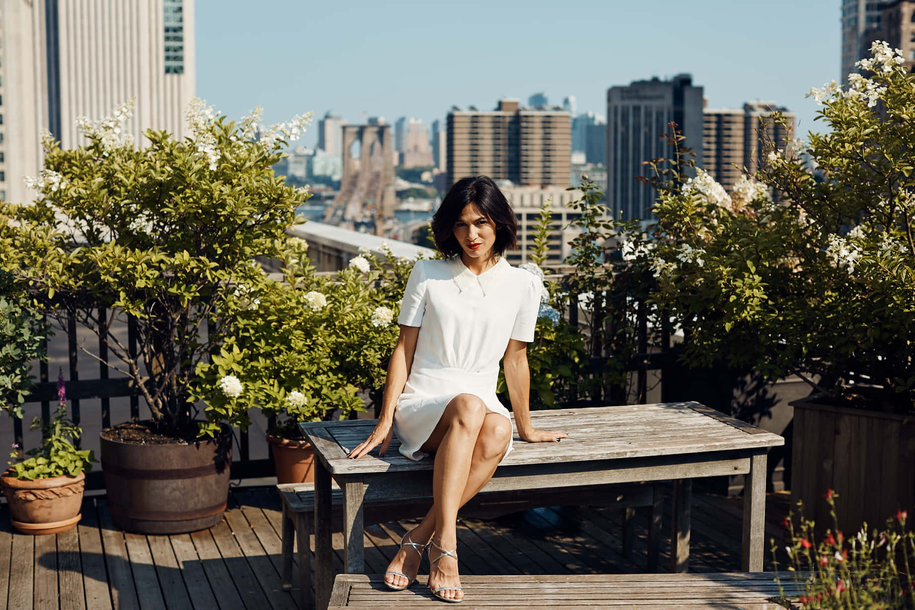 Elodie Yung, white dress, wooden bench, HD Desktop Wallpaper