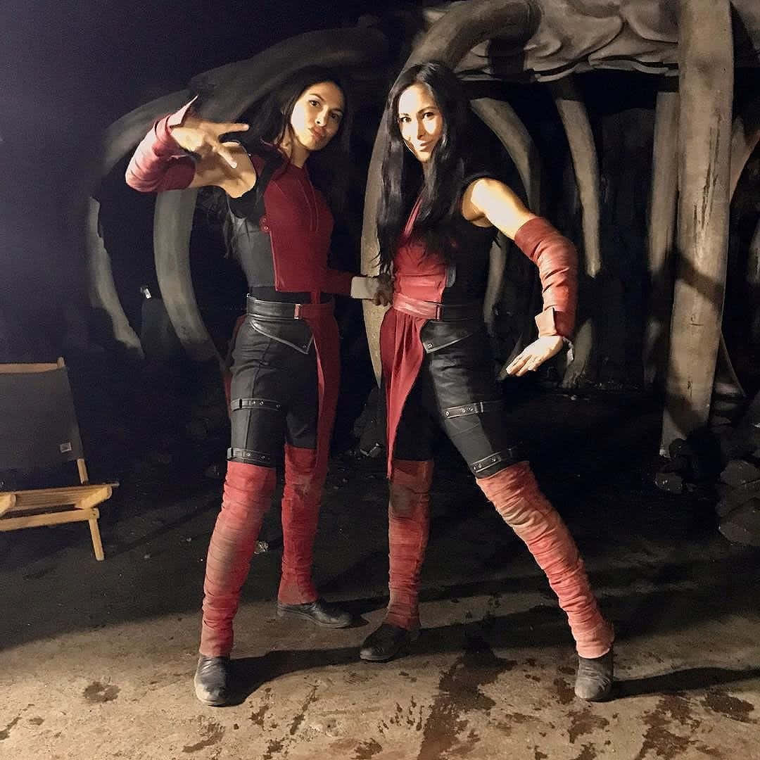 Elodie Yung, red and black cosplay, giant whale skeleton, SD Desktop Wallpaper
