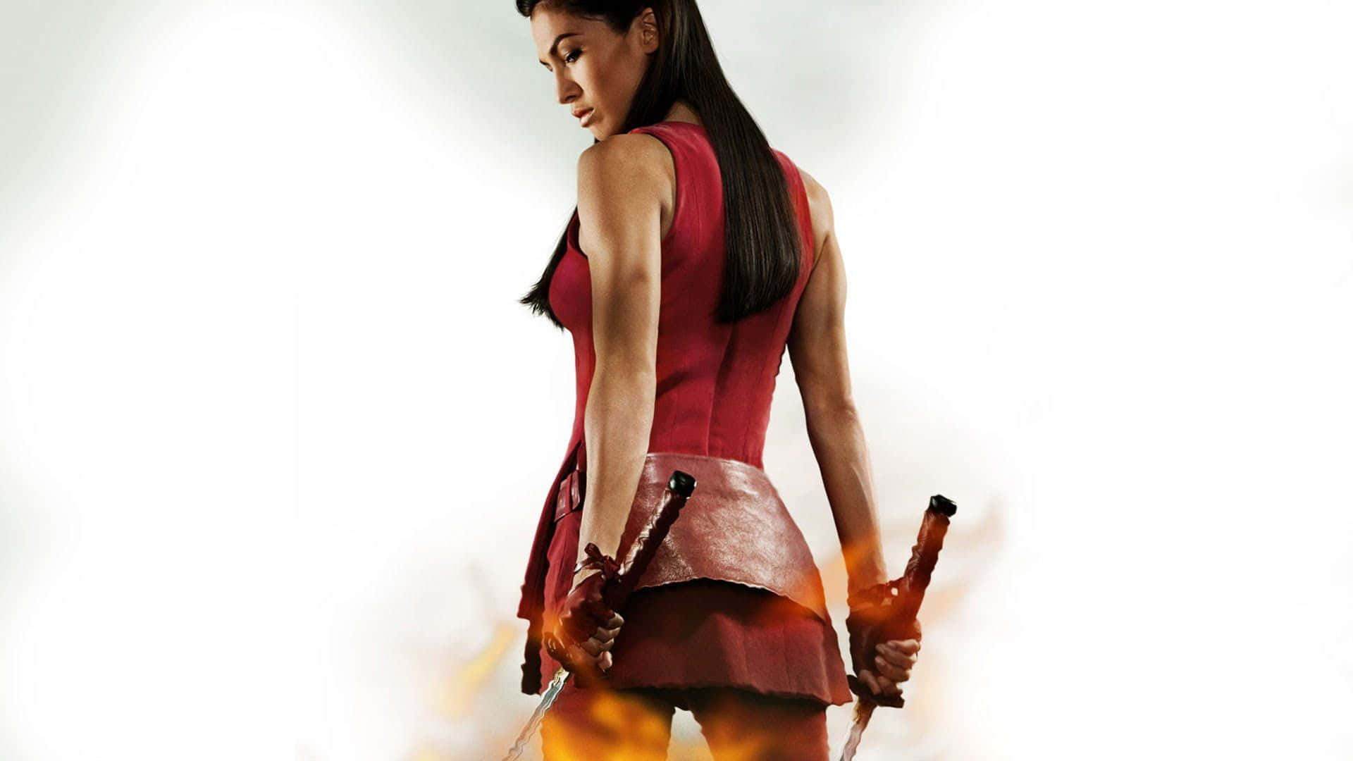 Elodie Yung, red outfit, flaming swords, Full HD Desktop Wallpaper