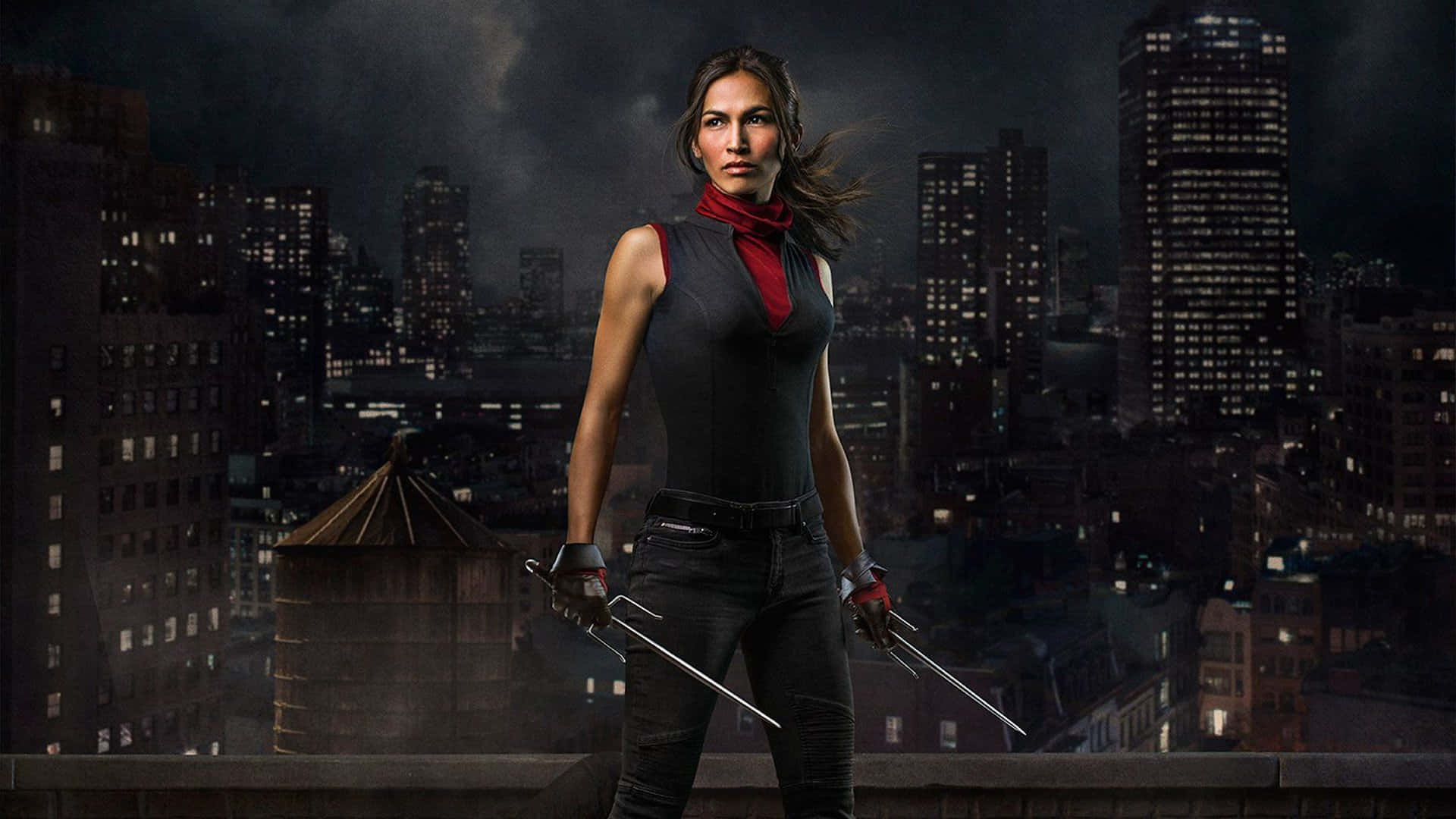 Elodie Yung, city rooftop, night, Full HD Desktop Wallpaper