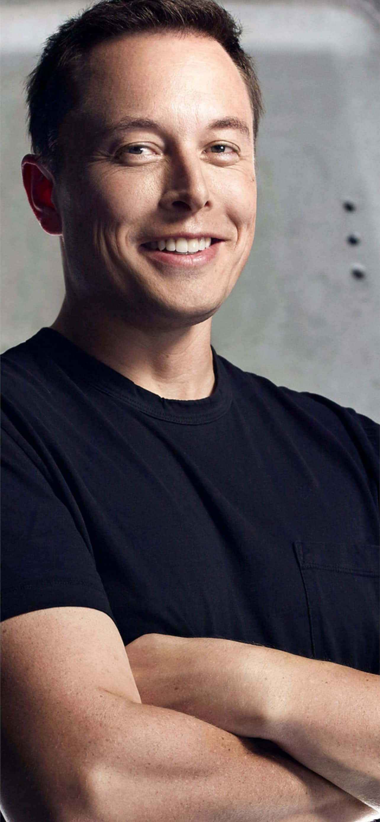 Elon Musk, black t-shirt, textured gray wall, 2K Phone Wallpaper