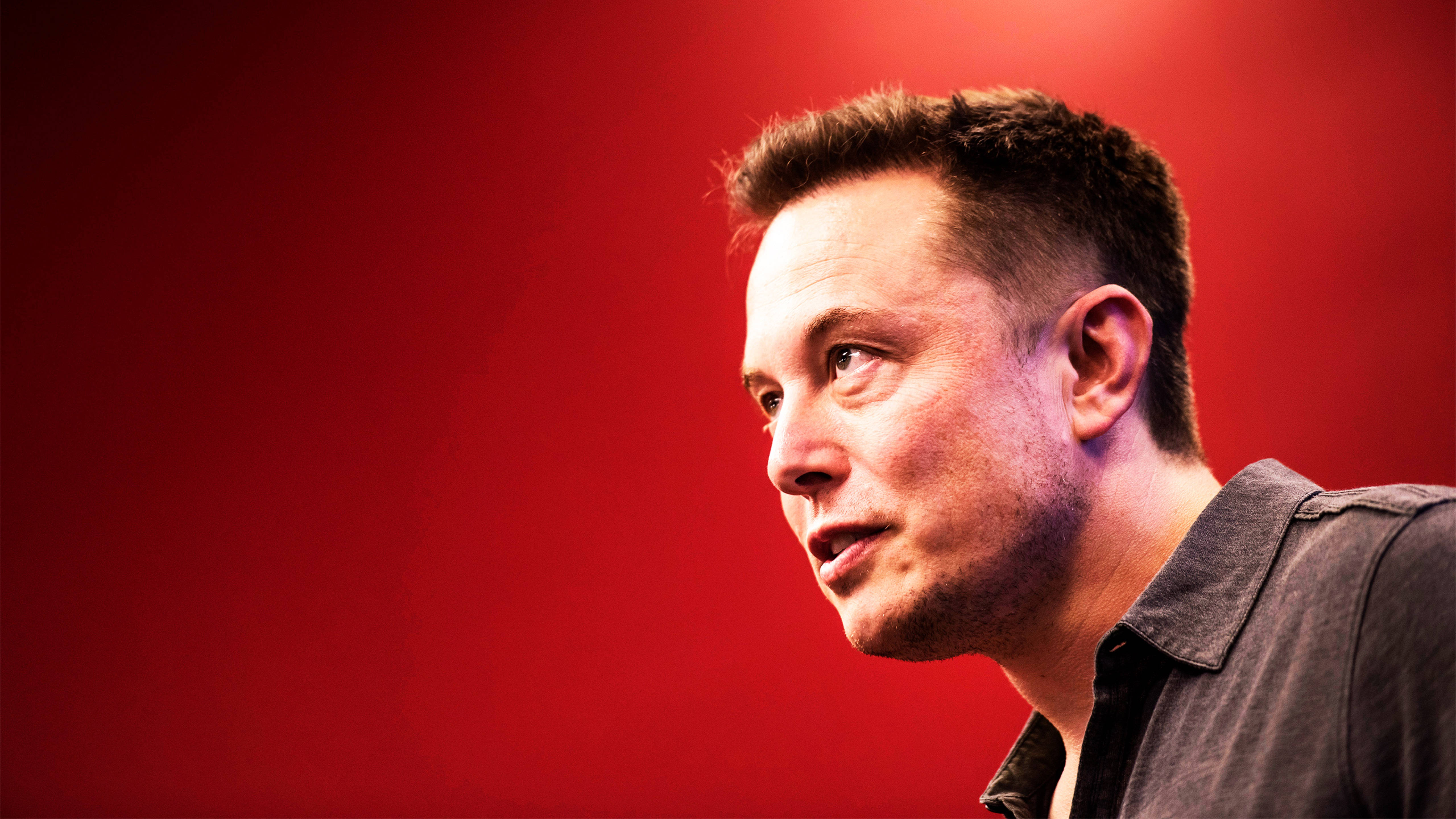Elon Musk, red background, dramatic lighting, 5K Desktop Wallpaper