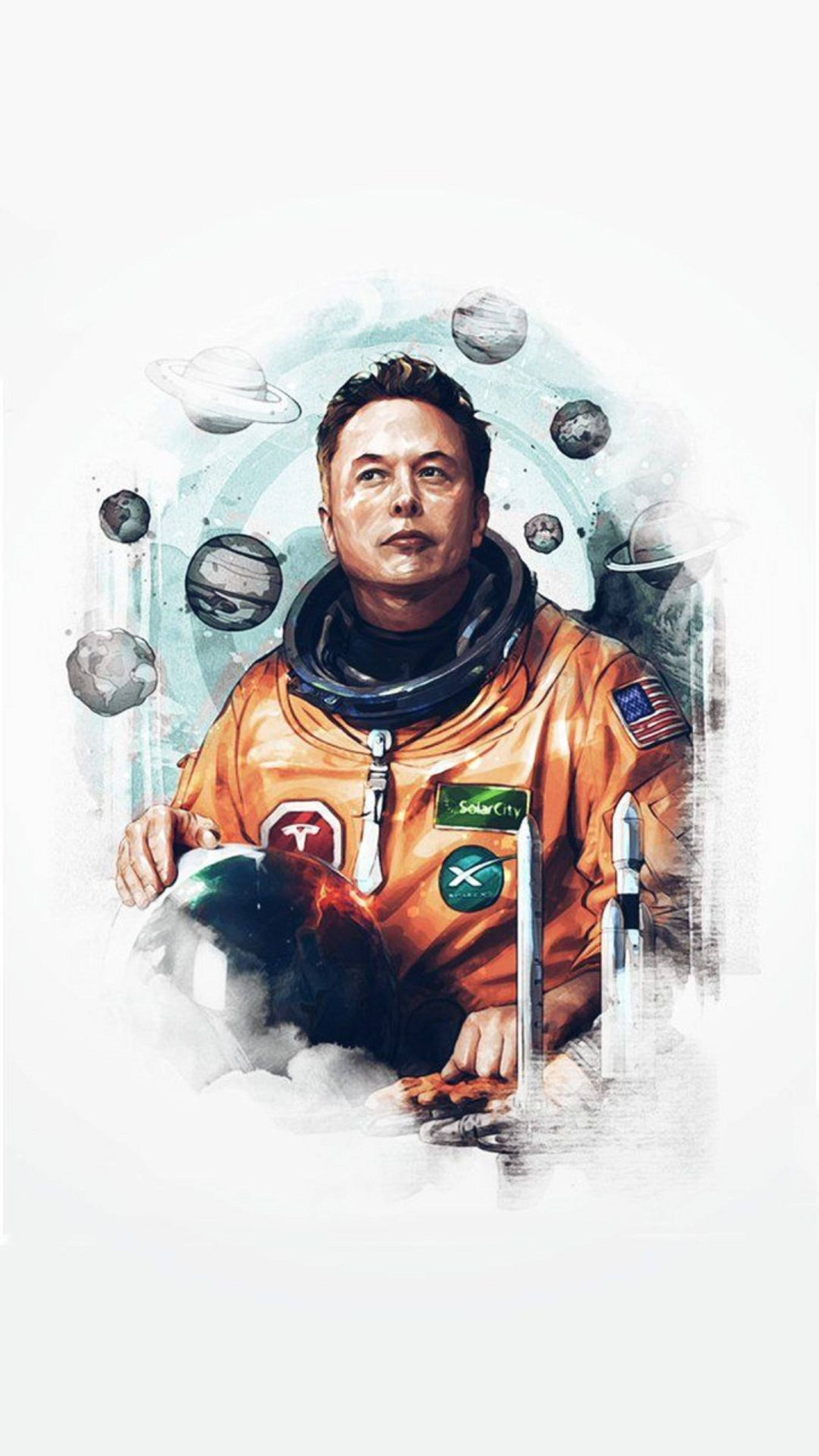 Elon Musk, orange astronaut suit, floating planets, 5K Phone Wallpaper