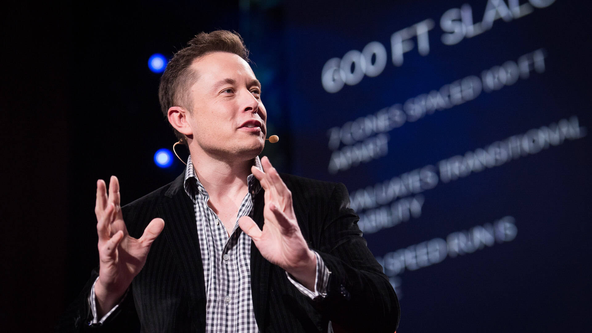 Elon Musk, glowing blue stage lights, large screen, Full HD Desktop Wallpaper