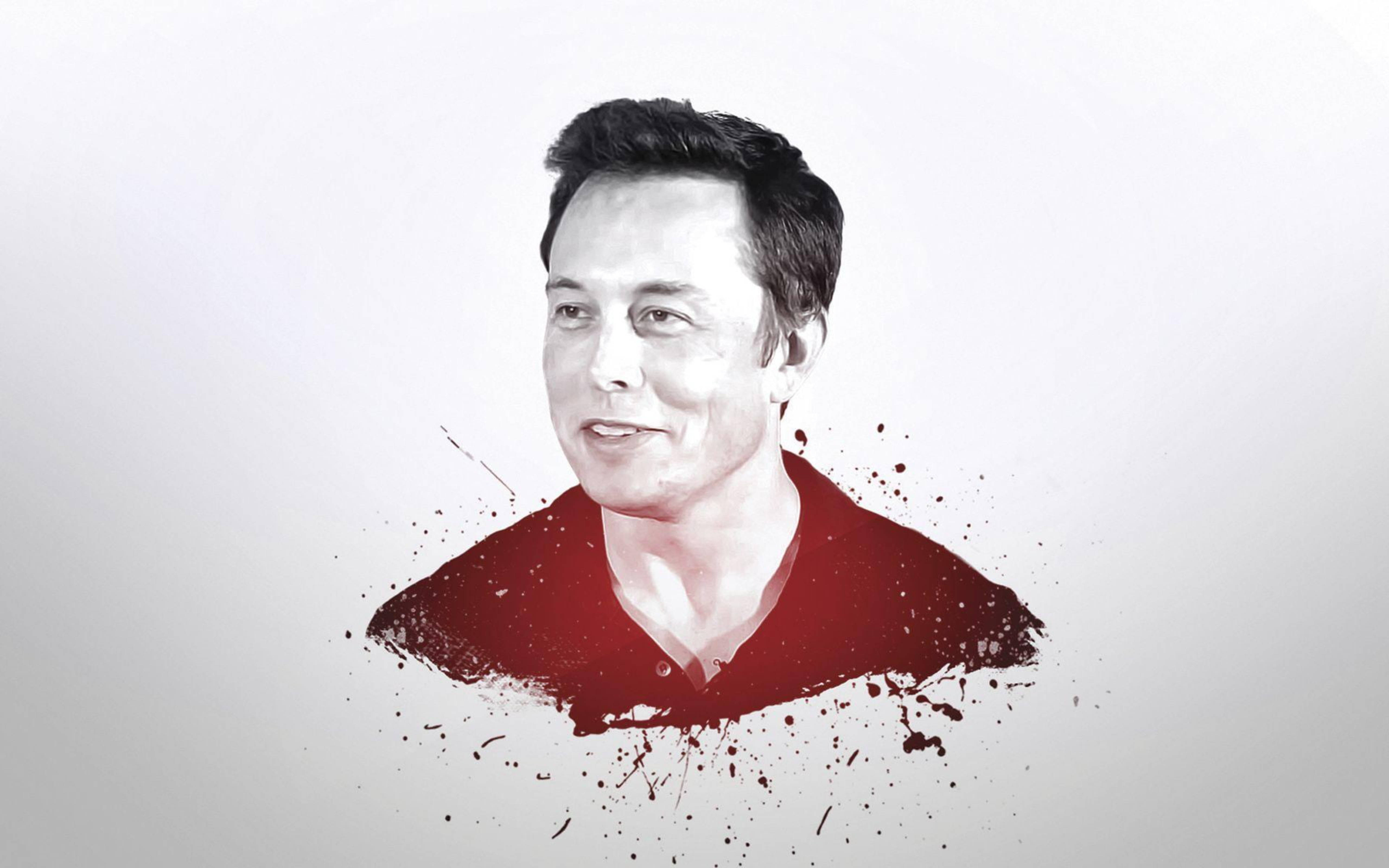 Elon Musk, red paint splatter effect, light gray background, 5K Desktop Wallpaper