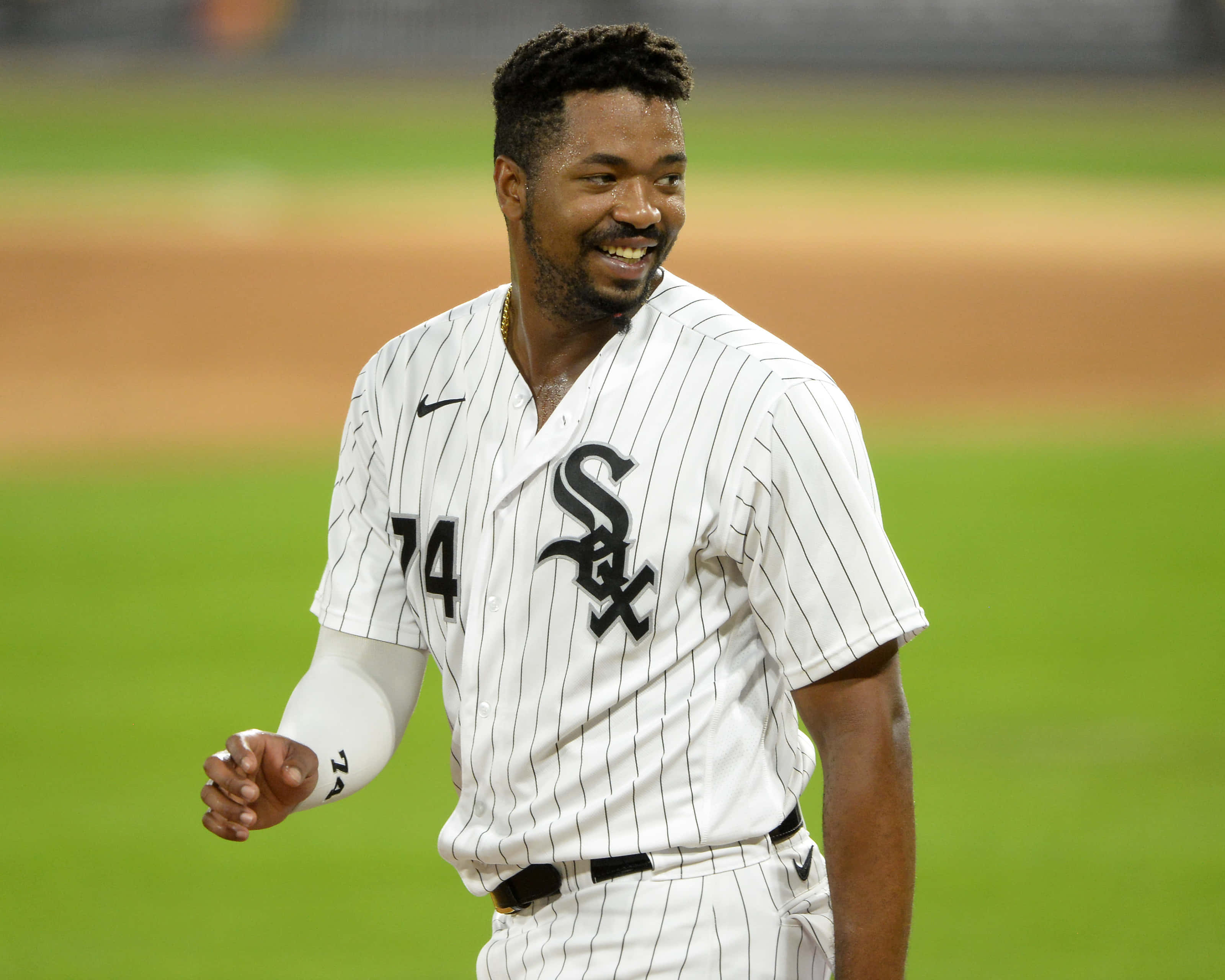 Eloy Jimenez, white pinstripe Sox uniform, green field, 2K Desktop Wallpaper