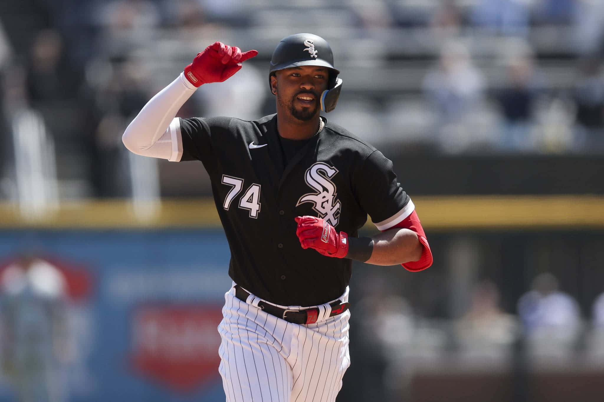 Eloy Jimenez, number 74, black and white pinstripe uniform, Full HD Desktop Wallpaper