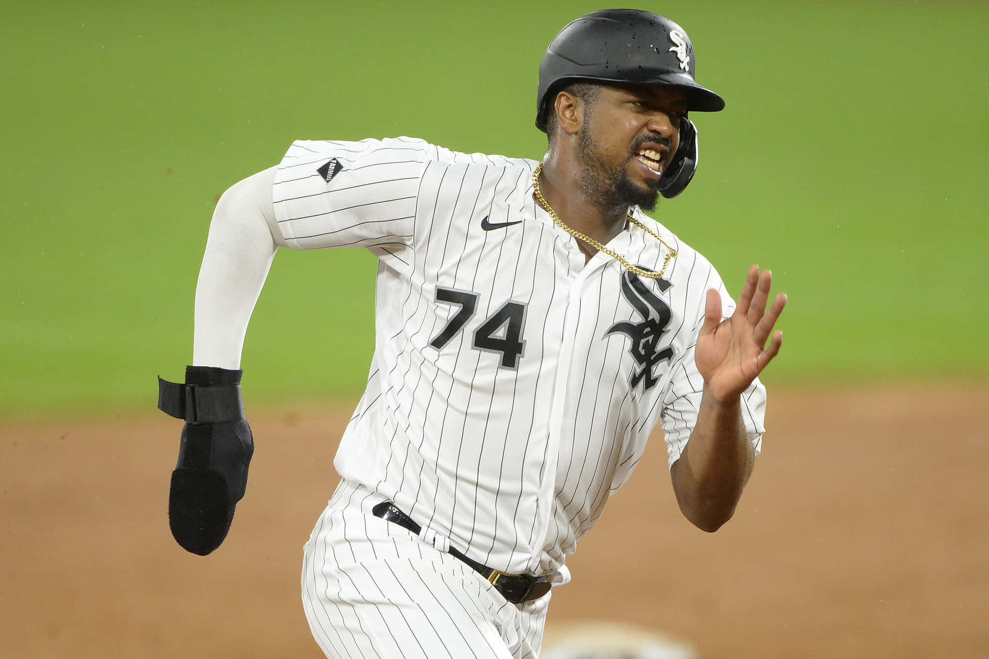 Eloy Jimenez, white pinstripe uniform, number 74, Full HD Desktop Wallpaper